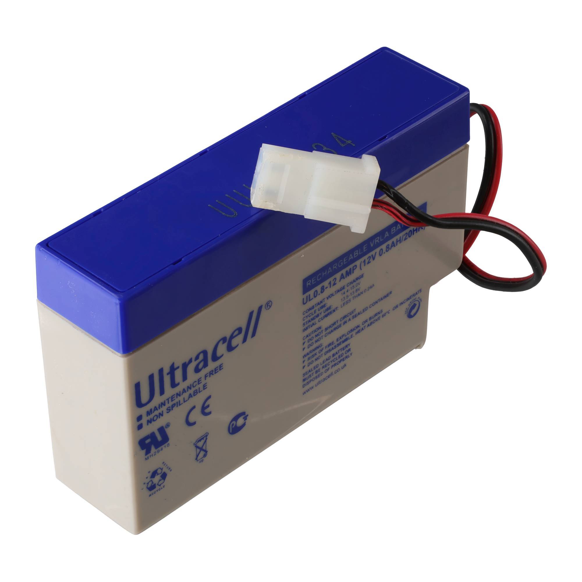 Wiederaufladbare Ultracell-Batterie mit blauem Deckel, weißem Gehäuse und angebrachten roten und schwarzen Anschlussdrähten auf weißem Hintergrund.