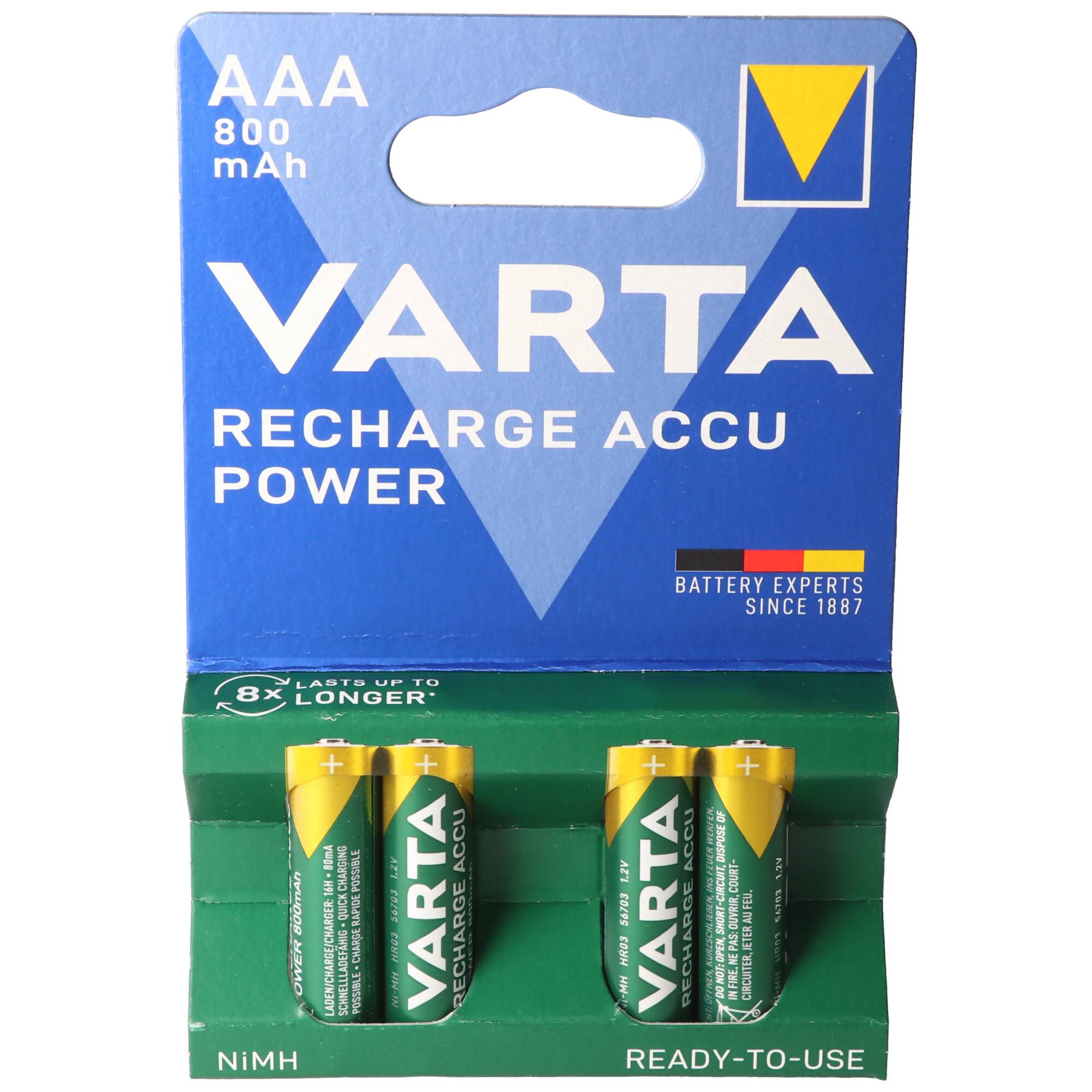 Paket mit vier aufladbaren Varta AAA NiMH-Batterien, 800 mAh, einsatzbereit.