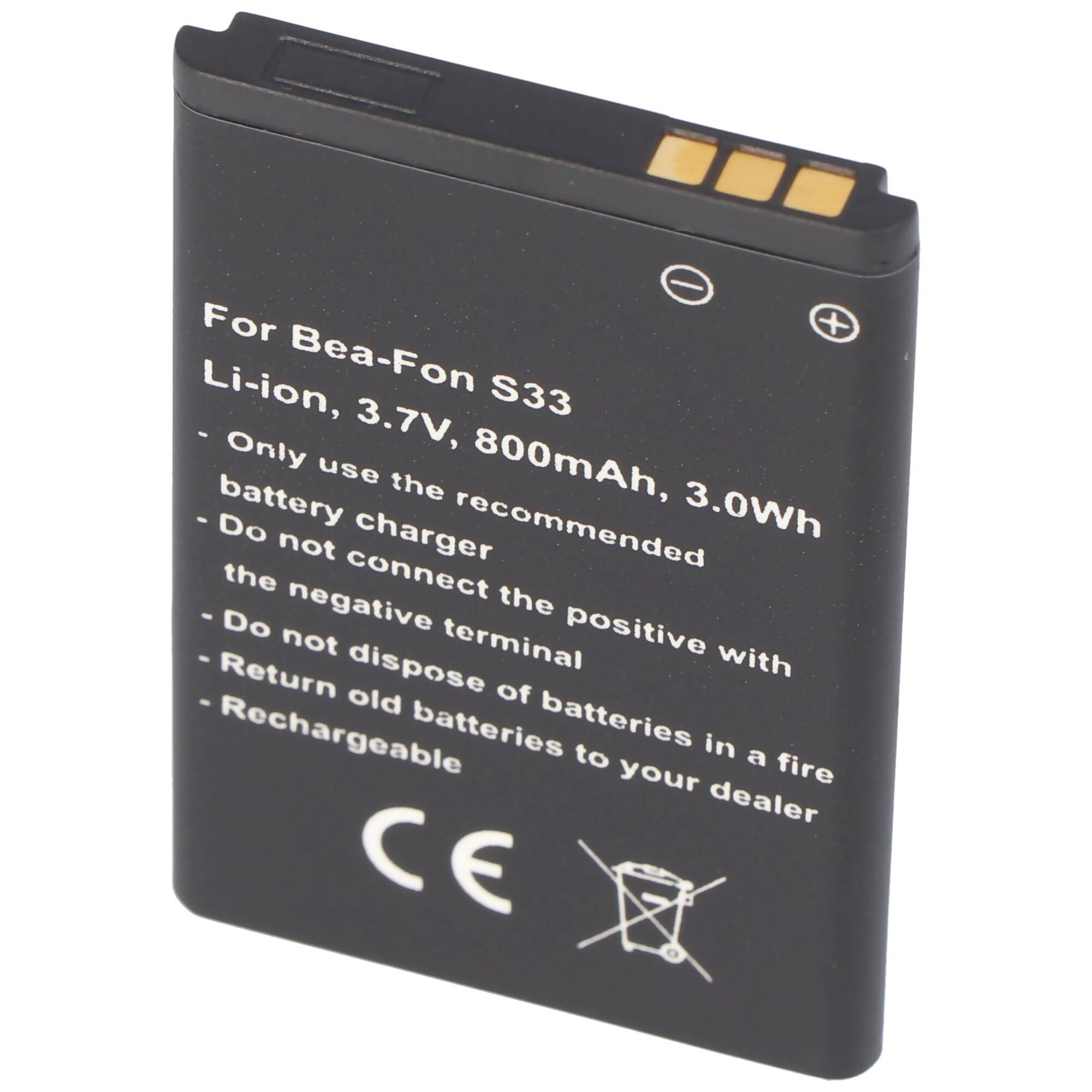 Nachbau Akku kompatibel Bea-Fon S33, C140, C240 Akku 3,7 Volt 800mAh Li-Ion Akku, 53,2 x 34,0 x 4,6mm