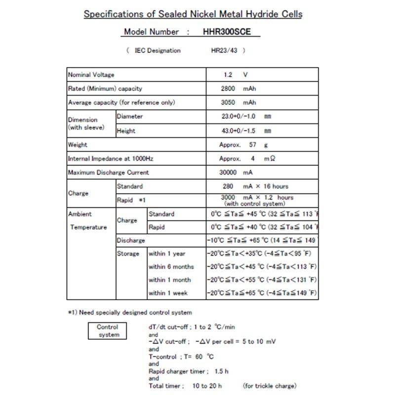 Panasonic Sub-C Akku HHR300SCE ohne Lötfahne, BK300SCE Akku BK300SCEY1