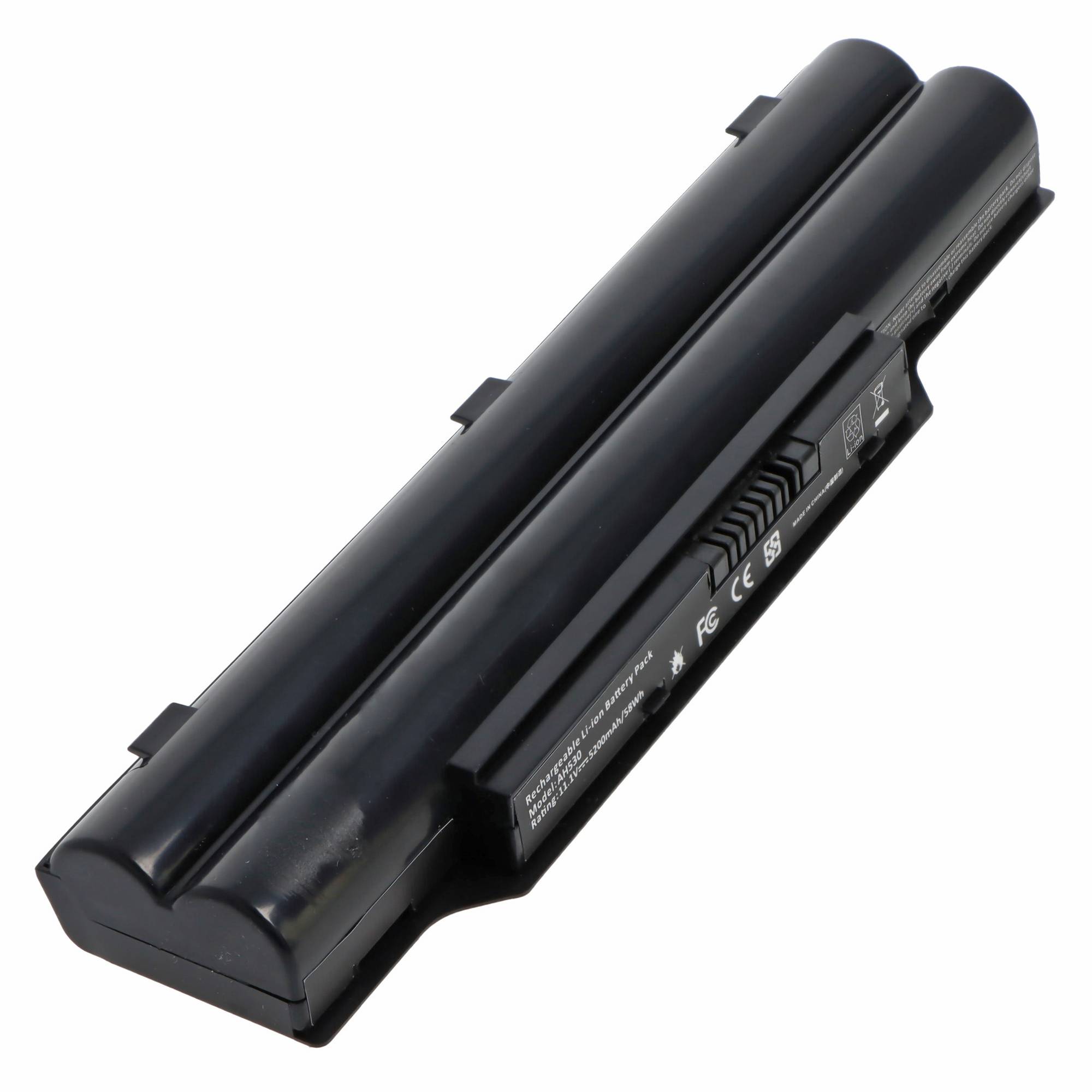 Schwarze wiederaufladbare Laptop-Batterie auf weißem Hintergrund dargestellt.