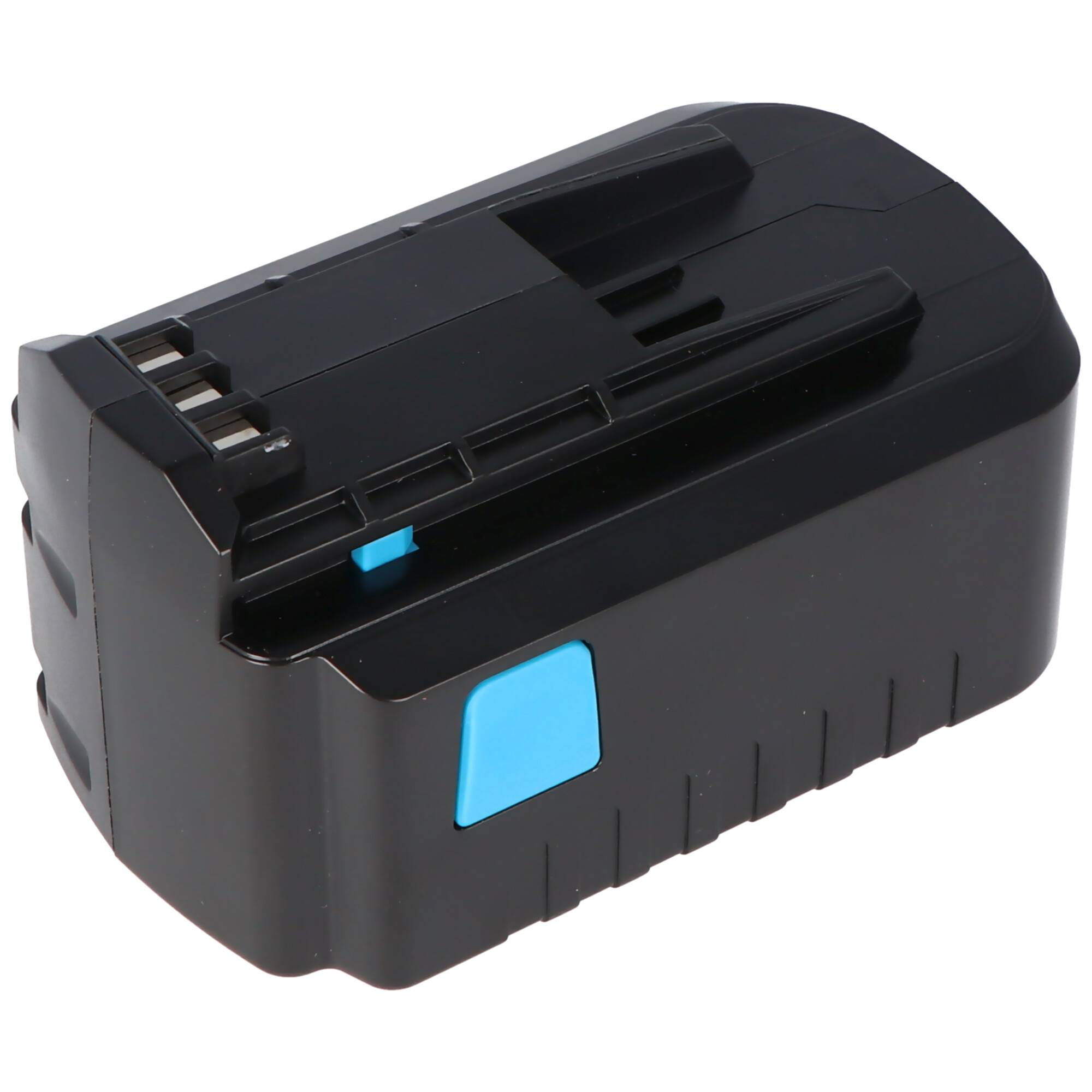 Schwarzes aufladbares Batteriepack mit blauen Entriegelungsreitern, isoliert auf weißem Hintergrund dargestellt.