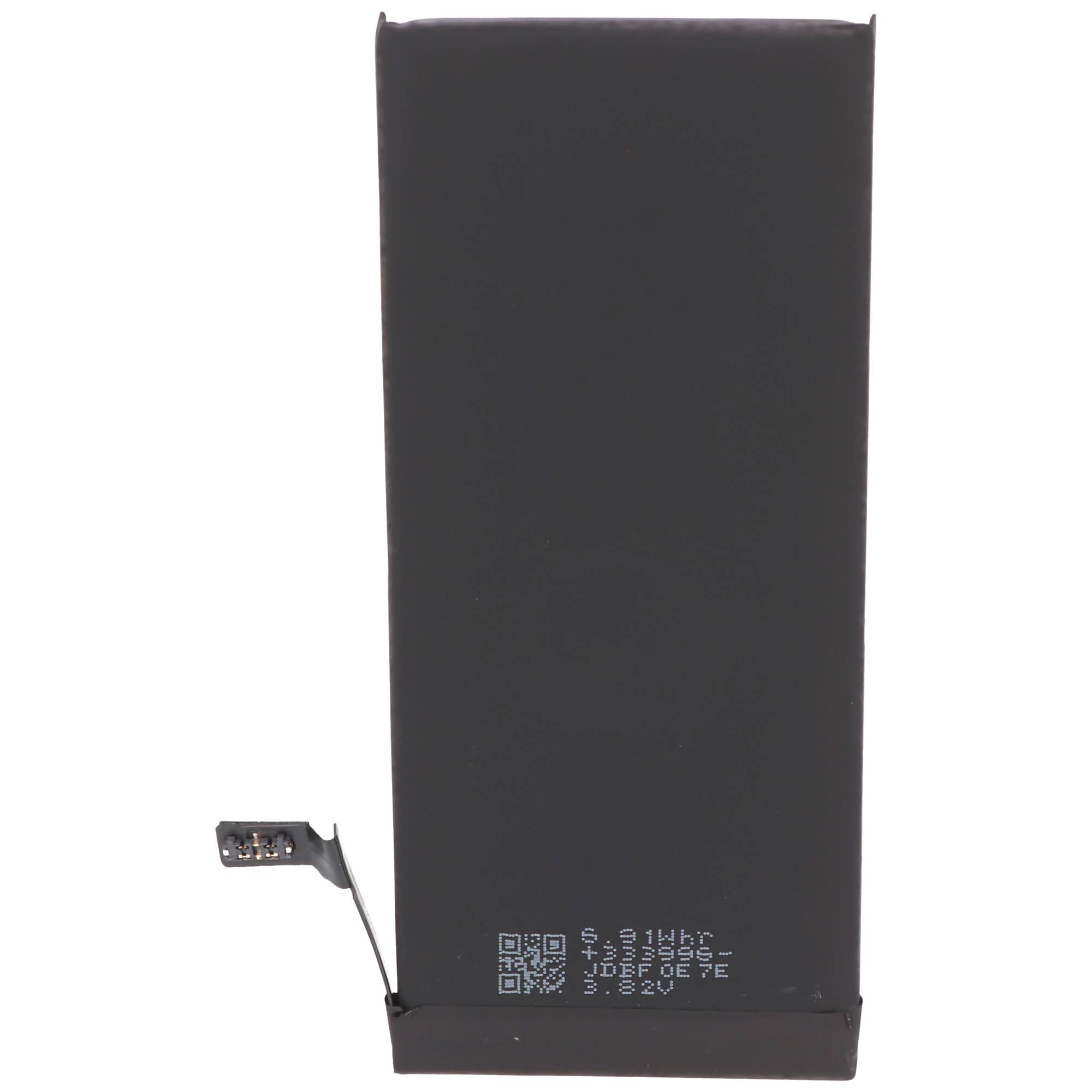 Schwarzes rechteckiges Batteriepaket mit einer kleinen Anschlusslasche und QR-Code-Etikett am unteren Ende.