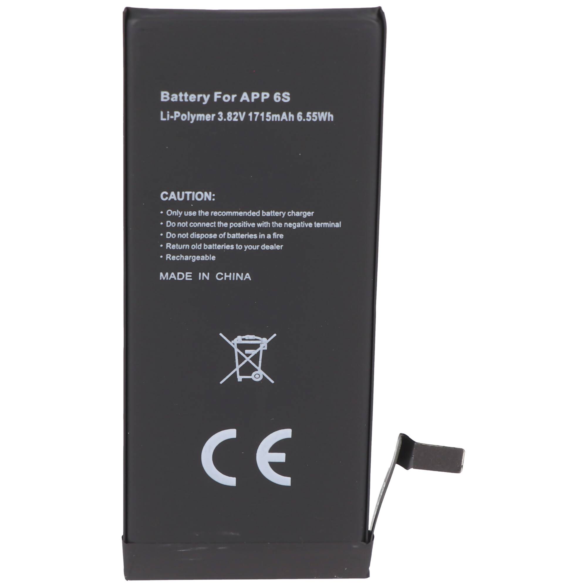 Schwarzer Lithium-Polymer-Akku mit Beschriftung „Battery For APP 6S