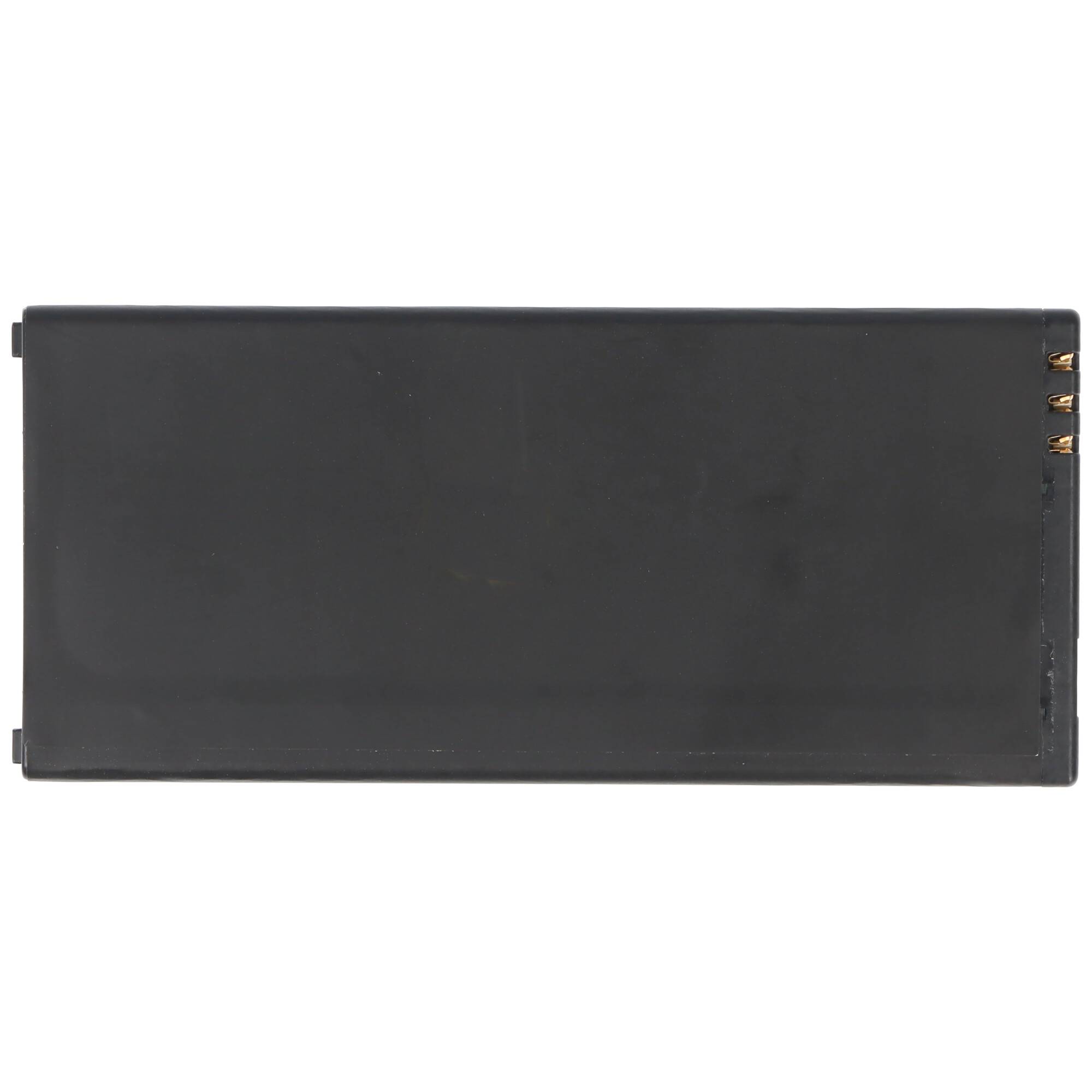 Schwarzes rechteckiges wiederaufladbares Batteriepack mit Metallkontakten auf der rechten Seite.