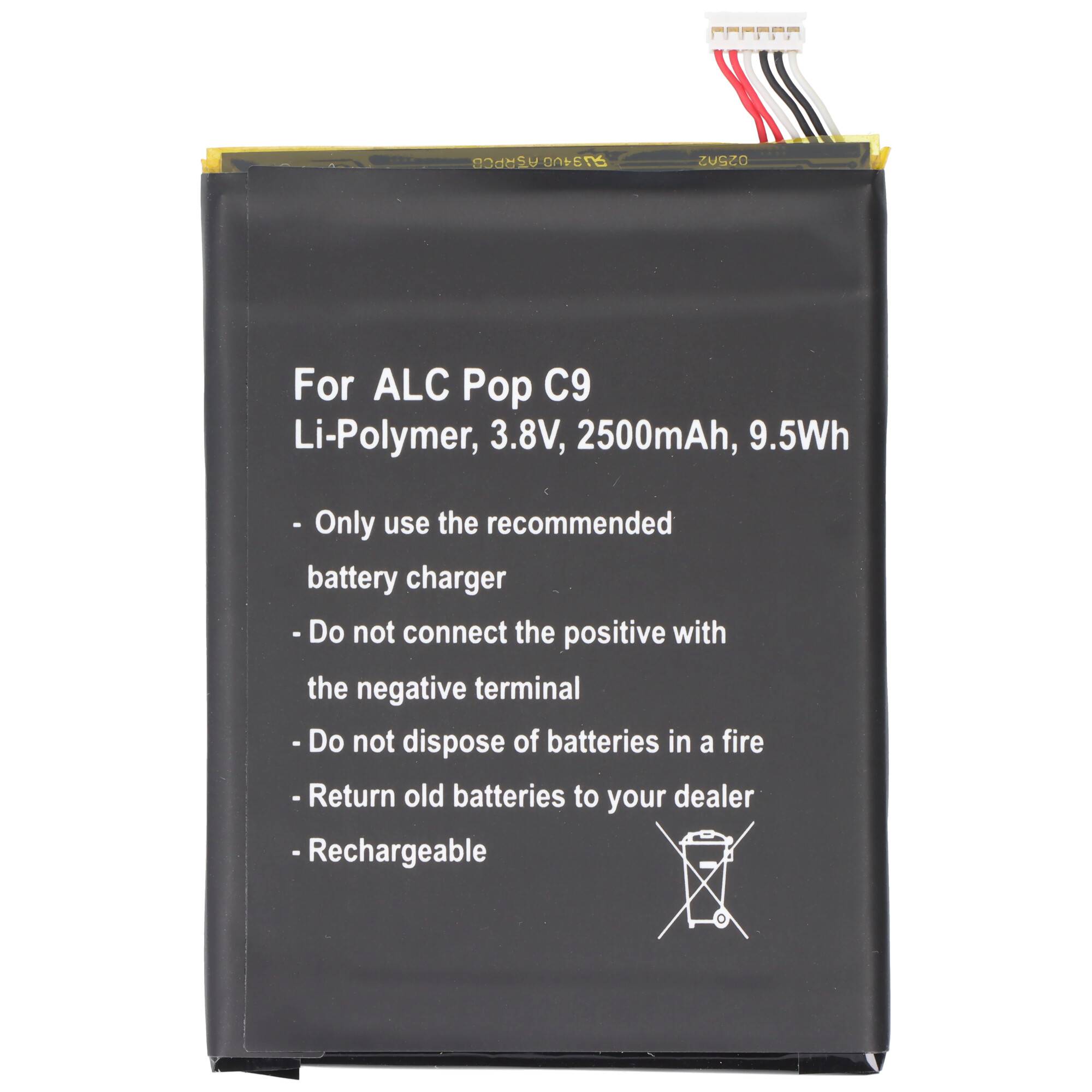 Schwarze wiederaufladbare Li-Polymer-Batterie für ALC Pop C9, gekennzeichnet mit 3,8V 2500mAh 9,5Wh mit Sicherheitswarnungen und Anschlussleitung.