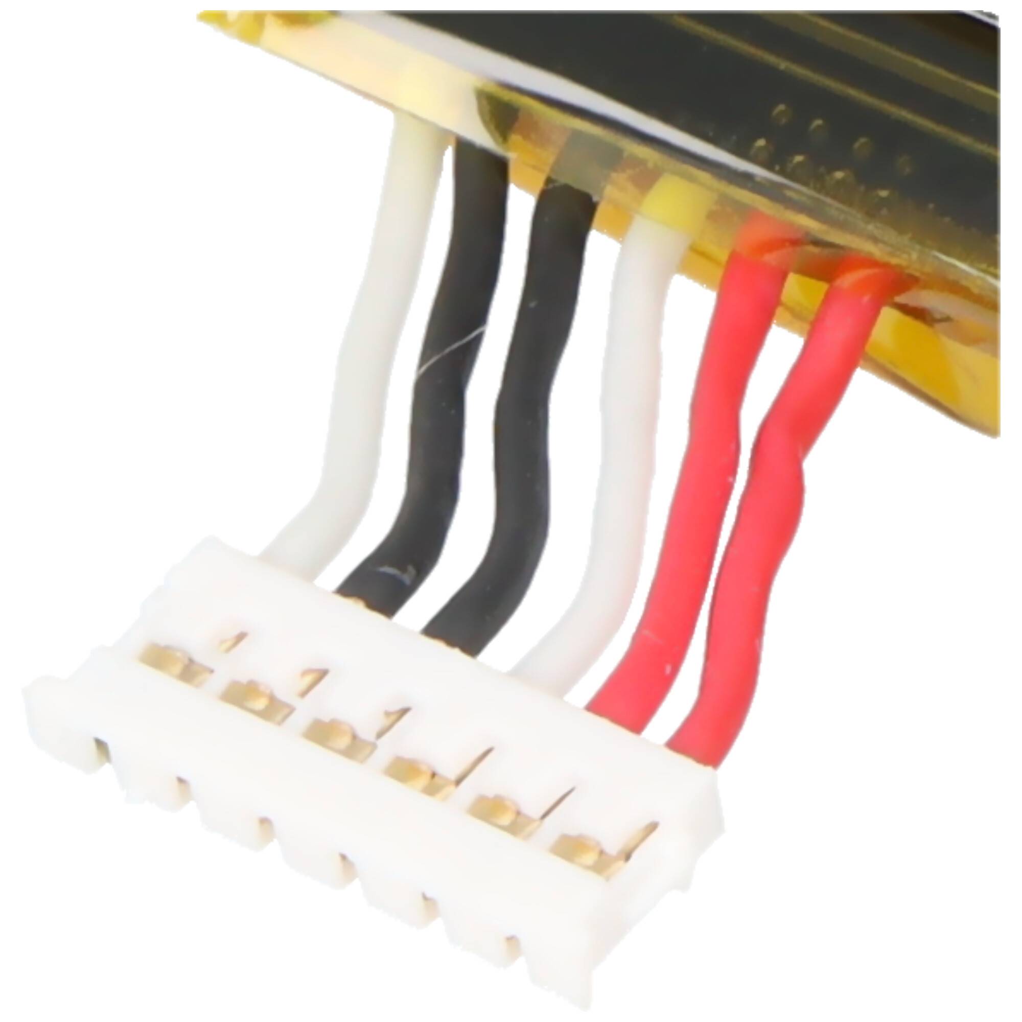 Nahaufnahme eines weißen Mehrfachstecker-Anschlusses, der an ein Kabel mit roten, schwarzen und weißen Drähten angebracht ist, auf einem einfachen Hintergrund dargestellt.