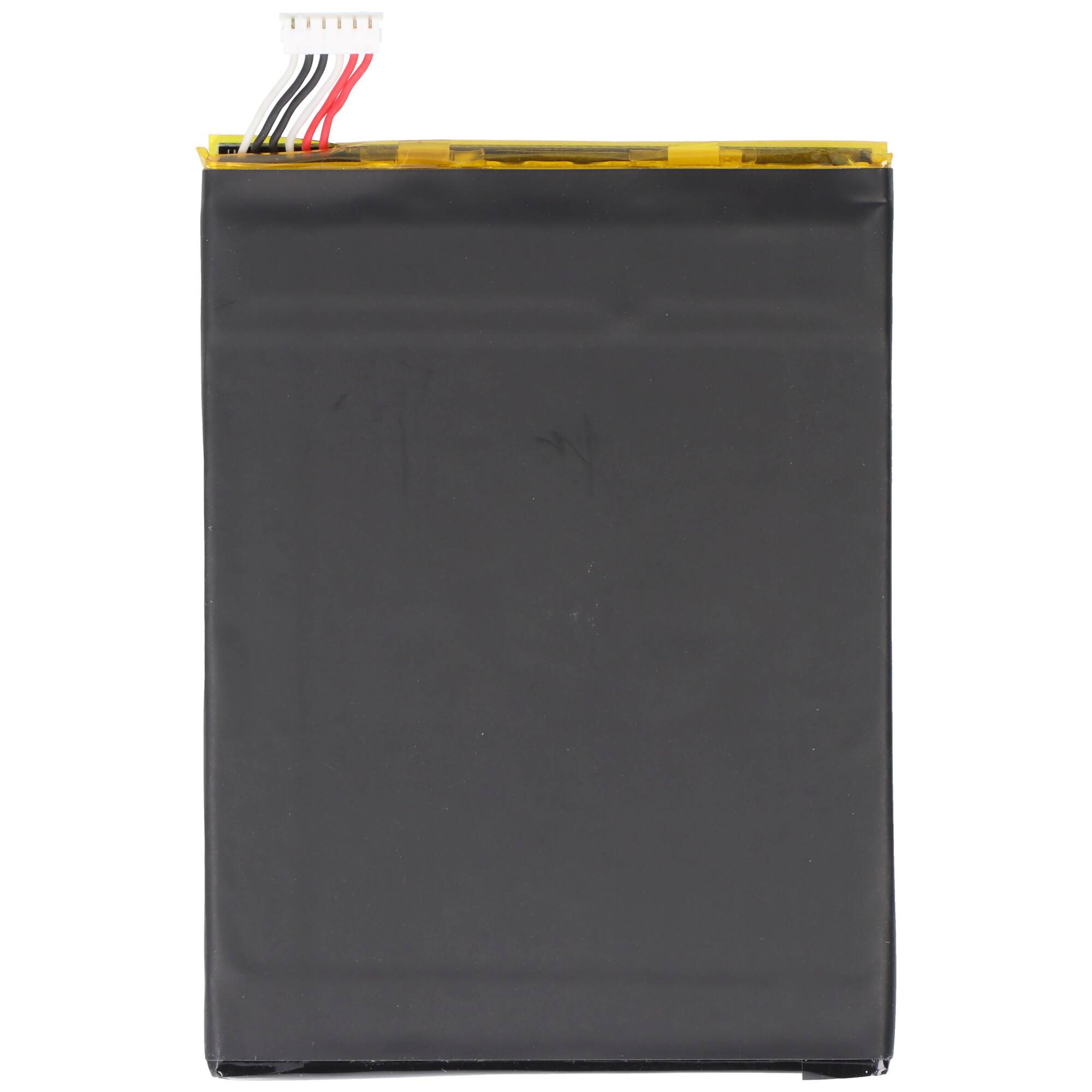 Schwarzes rechteckiges wiederaufladbares Batteriepaket mit weißem Stecker und roten, schwarzen und weißen Drähten oben