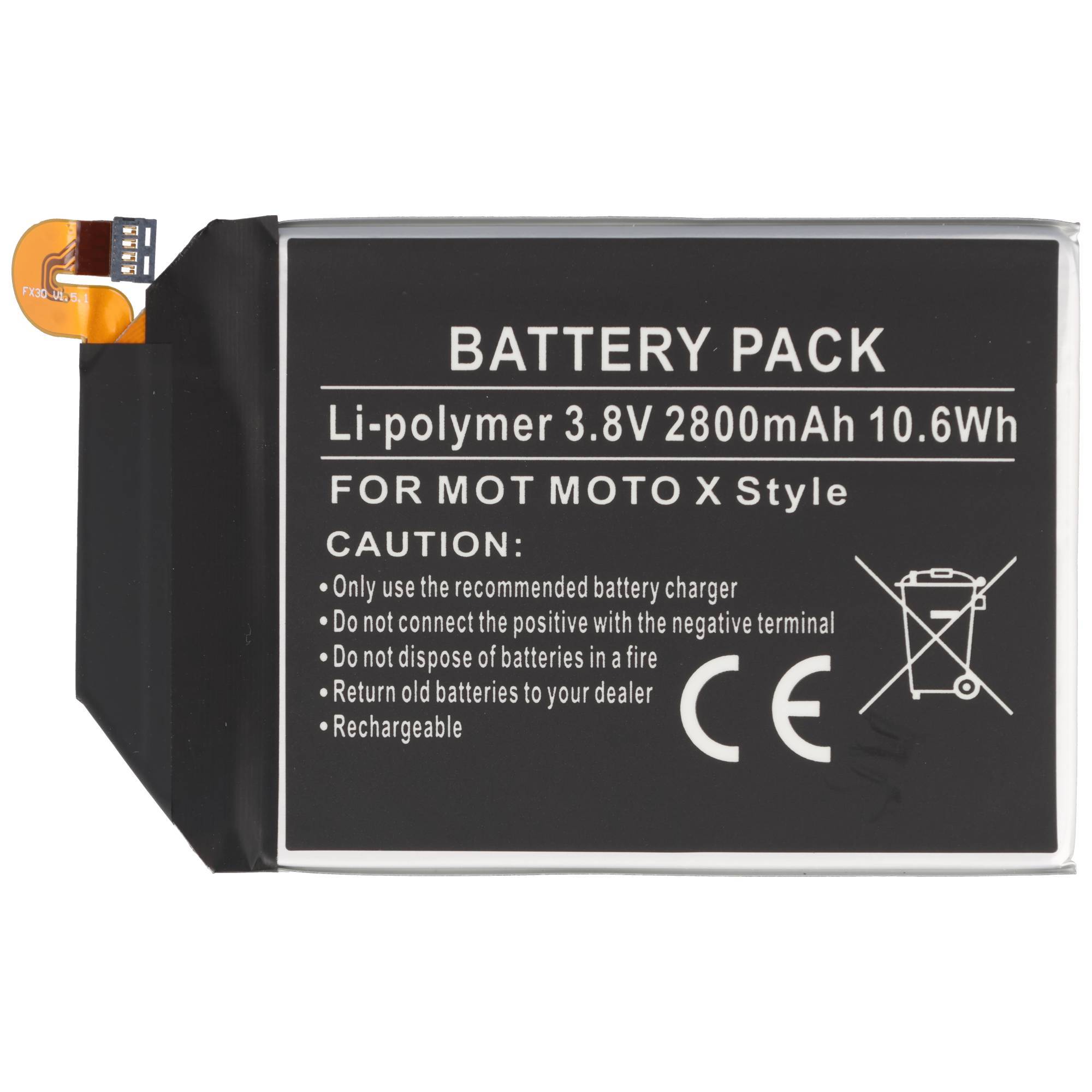 Akku-Pack für Moto X Style, gekennzeichnet mit Li-Polymer 3.8V 2800mAh 10.6Wh mit Vorsichtshinweisen und CE-/Recycling-Symbolen.