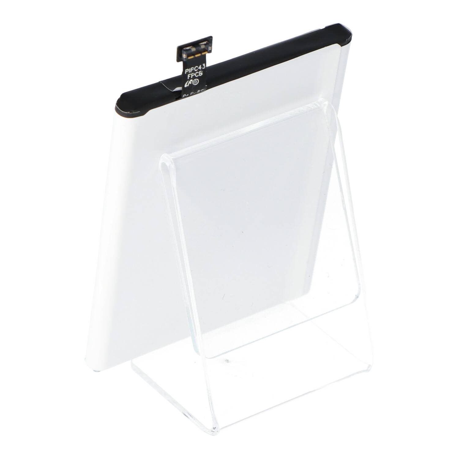 Transparenter Acryl-Tischaufsteller oder Displayhalter mit schwarzem oberen Rand und kleinem Clip oben.