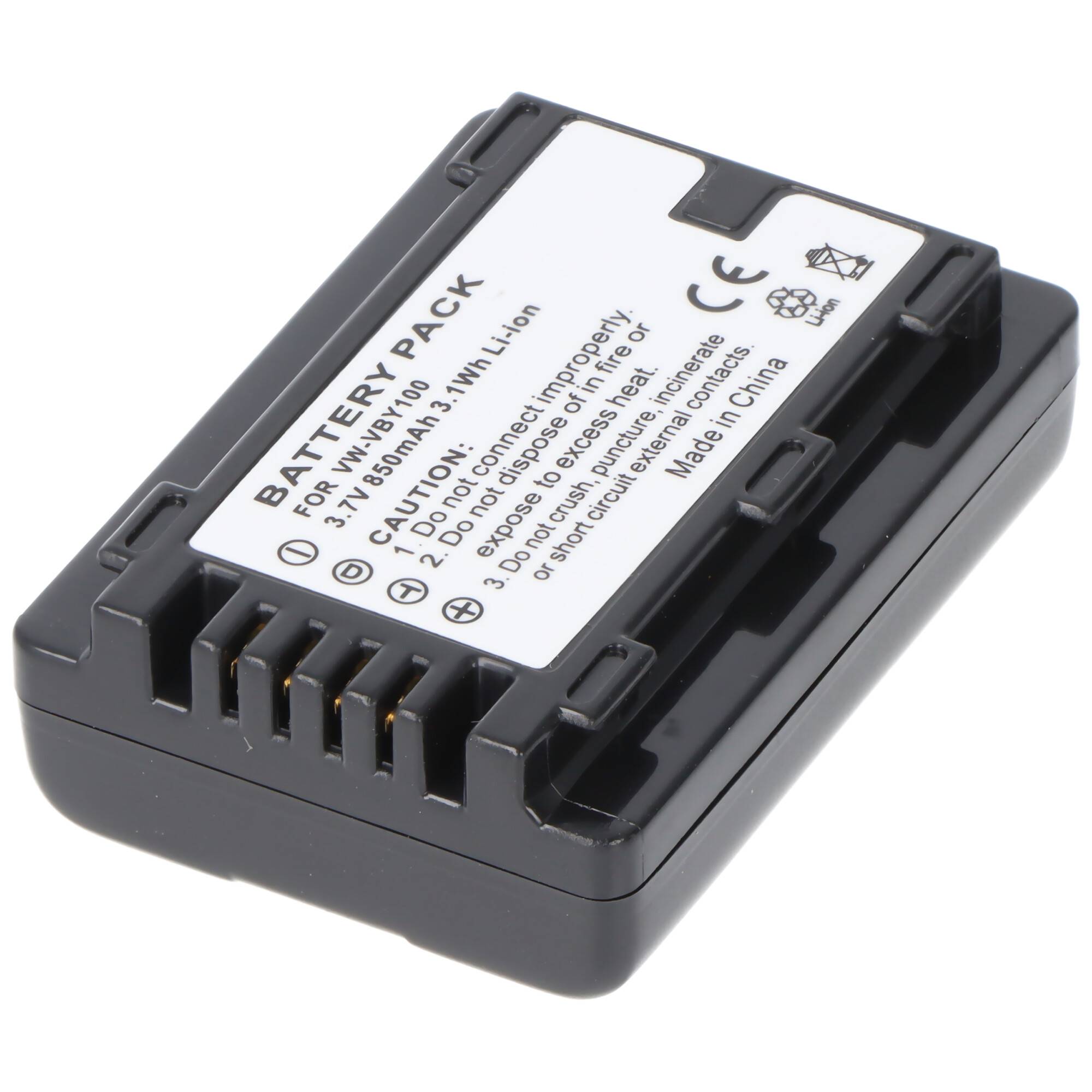 Schwarzes wiederaufladbares Kamerabatterie-Pack mit der Bezeichnung „BATTERY PACK