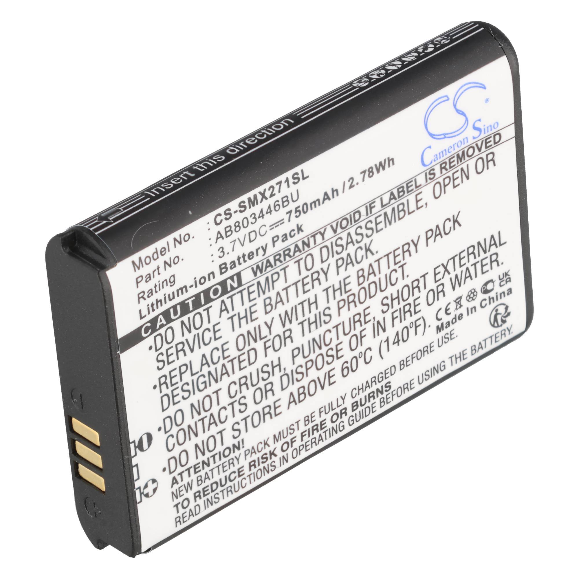 Ein rechteckiges Lithium-Ionen-Akkupaket mit gedruckter Warn- und Modellinformation auf einem weißen Etikett, dargestellt vor einem einfachen Hintergrund.