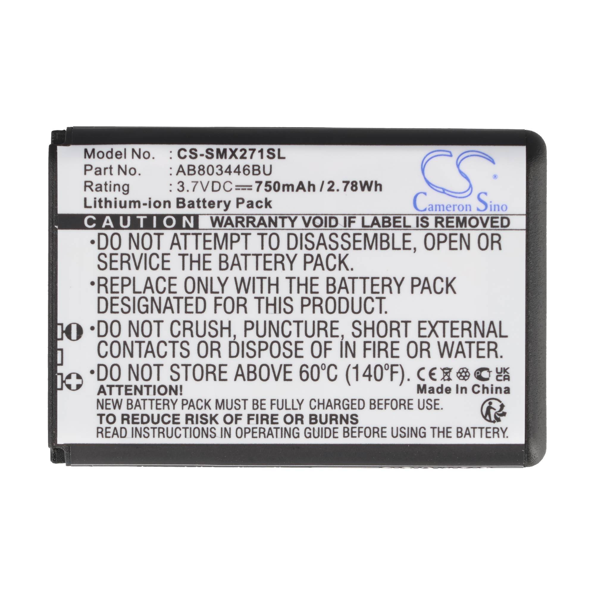 Lithium-Ionen-Akkupack-Etikett mit Modell CS-SMX271SL, 3,7V 750mAh, mit Sicherheitswarnungen und Cameron Sino-Logo.