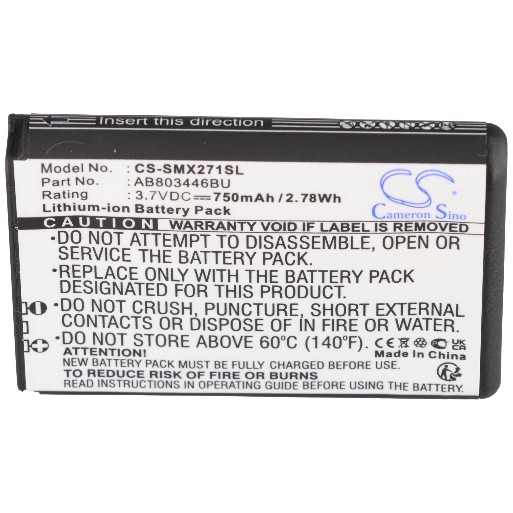 Lithium-Ionen-Akkupack-Etikett mit Modell CS-SMX271SL, 3,7V 750mAh und Sicherheitswarnungen nicht auseinandernehmen, durchstechen oder Hitze aussetzen.