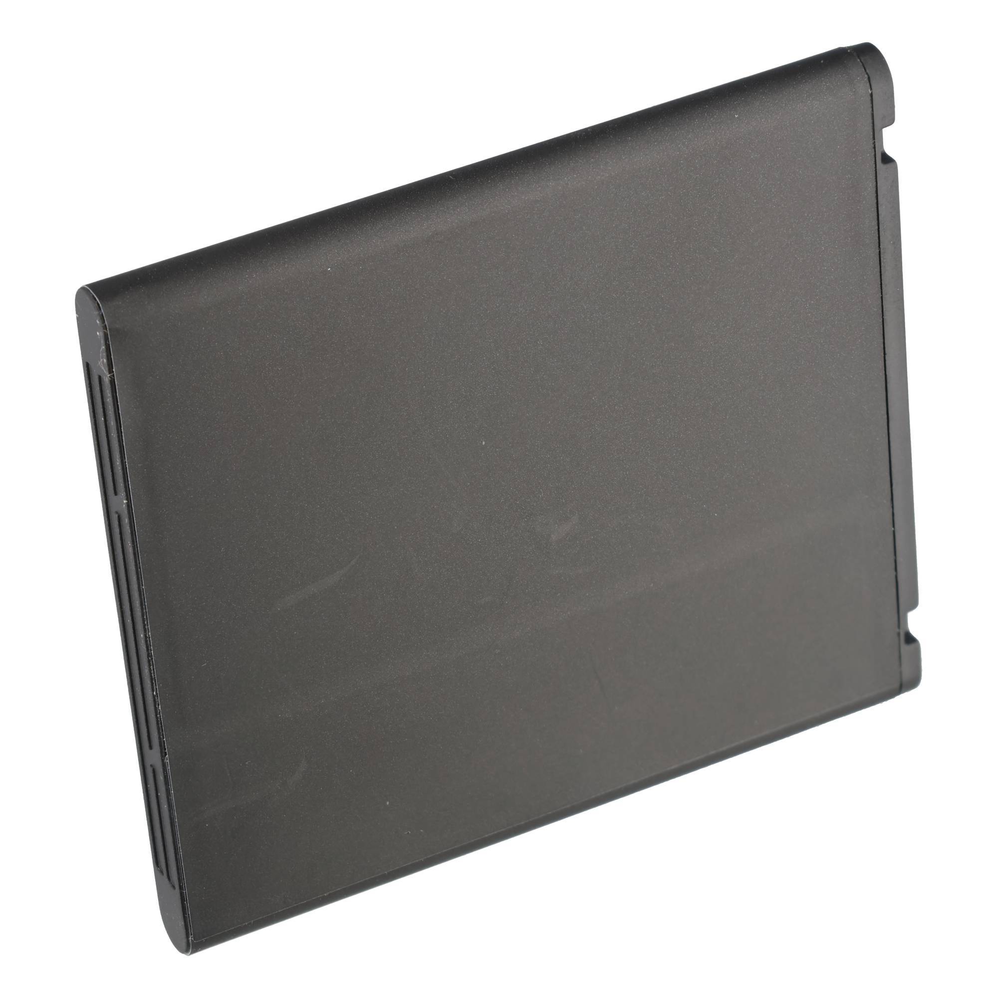 Schwarzes rechteckiges Computerbatteriepack, schräg von oben auf weißem Hintergrund betrachtet.