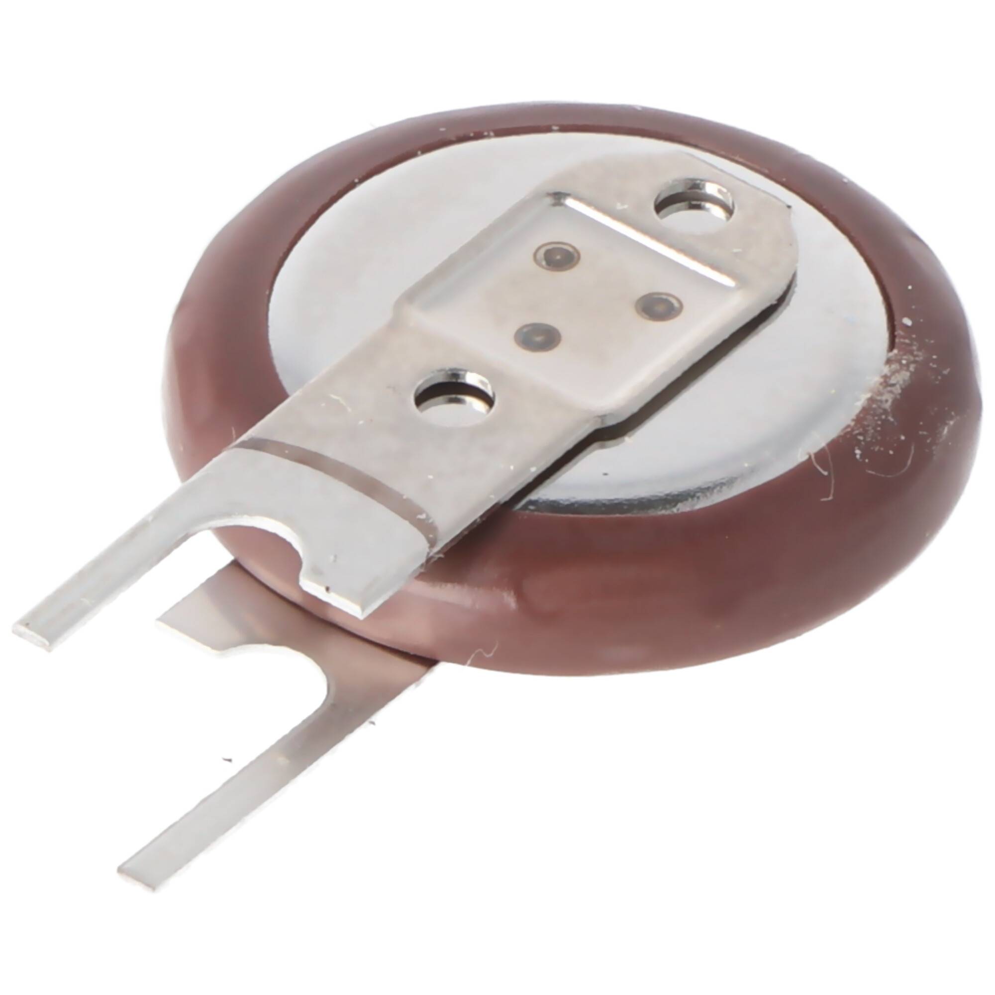 Rundes braunes elektronisches Bauteil mit einer Metallklemmenhalterung und zwei Stiften, shown on a white background.
