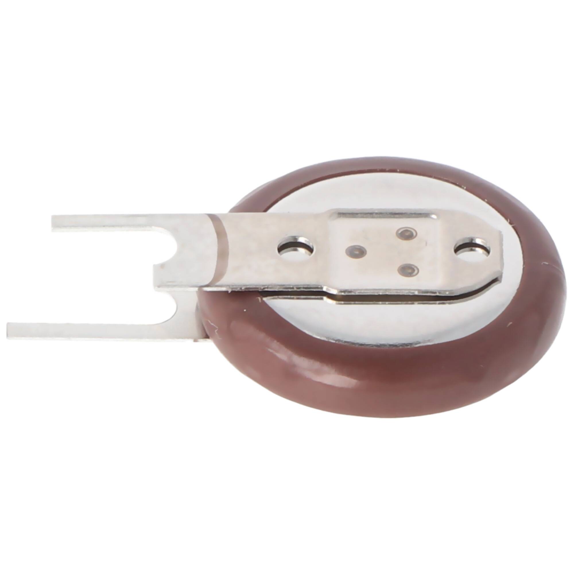 Kleine braune und silberne elektronische Komponente mit zwei Metallbefestigungslaschen auf weißem Hintergrund.