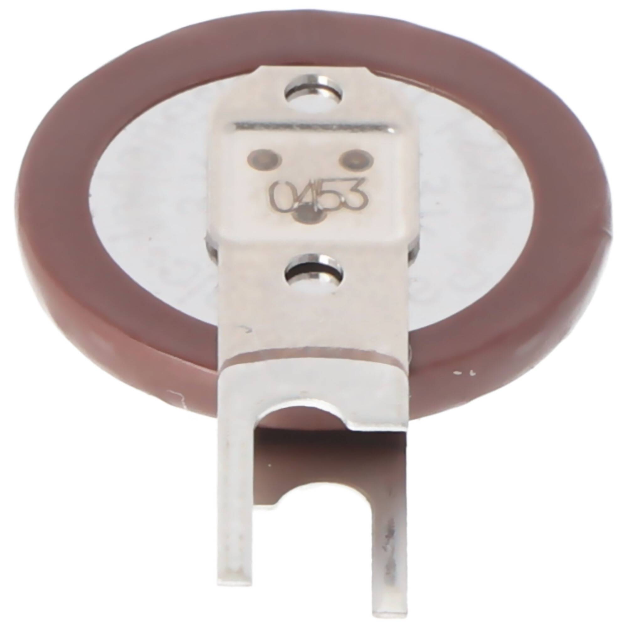 Nahaufnahme einer Metallmontageklammer mit einem braunen kreisförmigen Ring dahinter, gezeigt auf einem schlichten weißen Hintergrund.