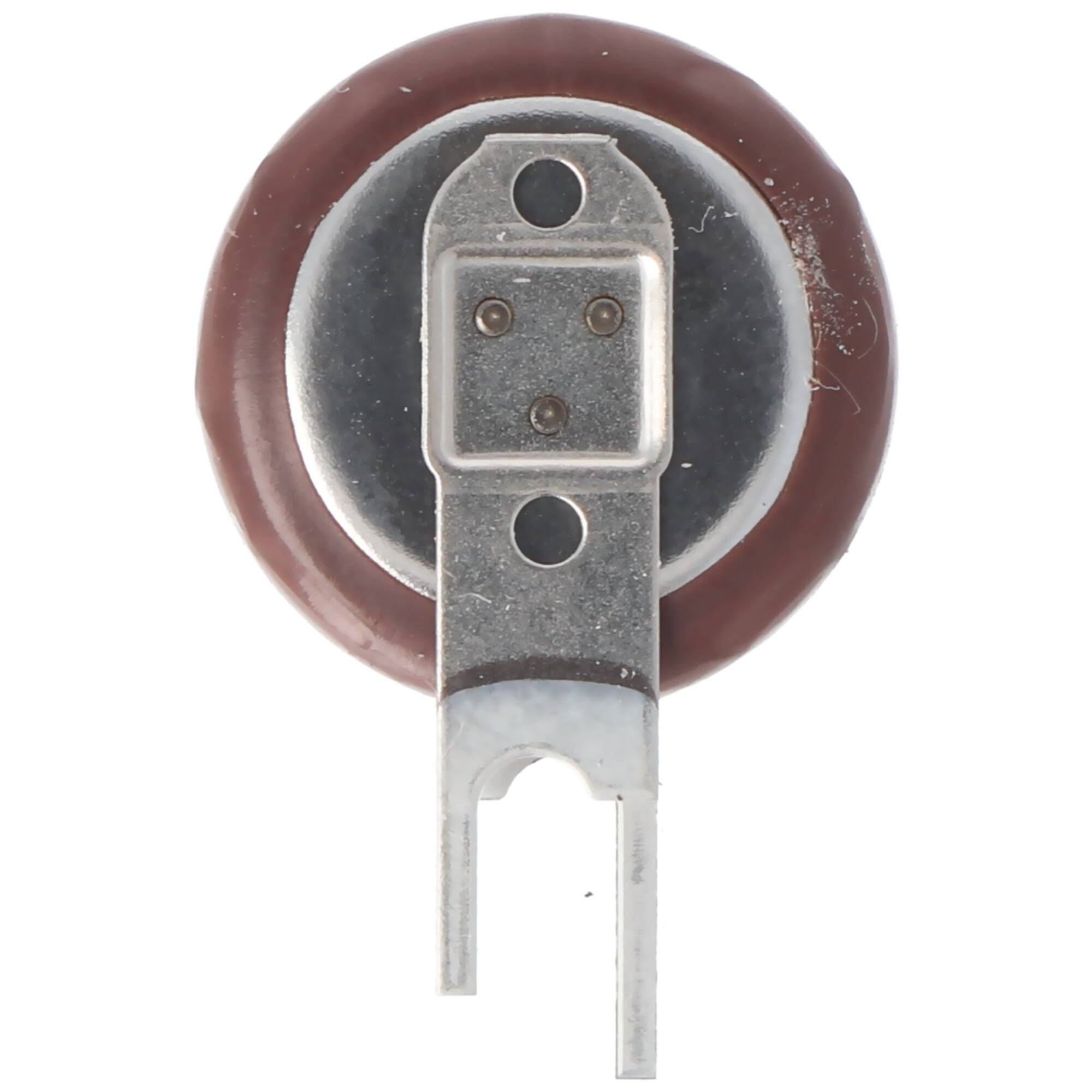 Nahaufnahme einer braunen, kreisförmigen elektronischen Komponente mit einer Metallmontageklammer und einem zentralen Kontakt, fotografiert auf weißem Hintergrund.