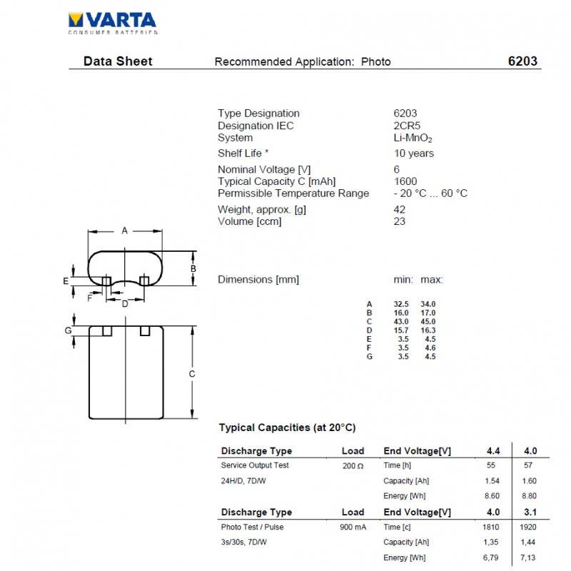 Varta 2CR5 Photo-Lithium Batterie 6203