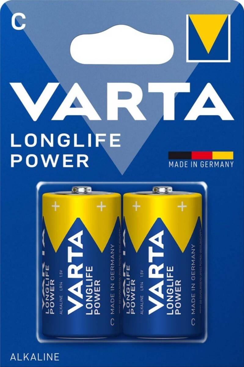 Eine Packung mit zwei 'Varta Longlife Power' AA-Batterien, gekennzeichnet mit 'Made in Germany'.
