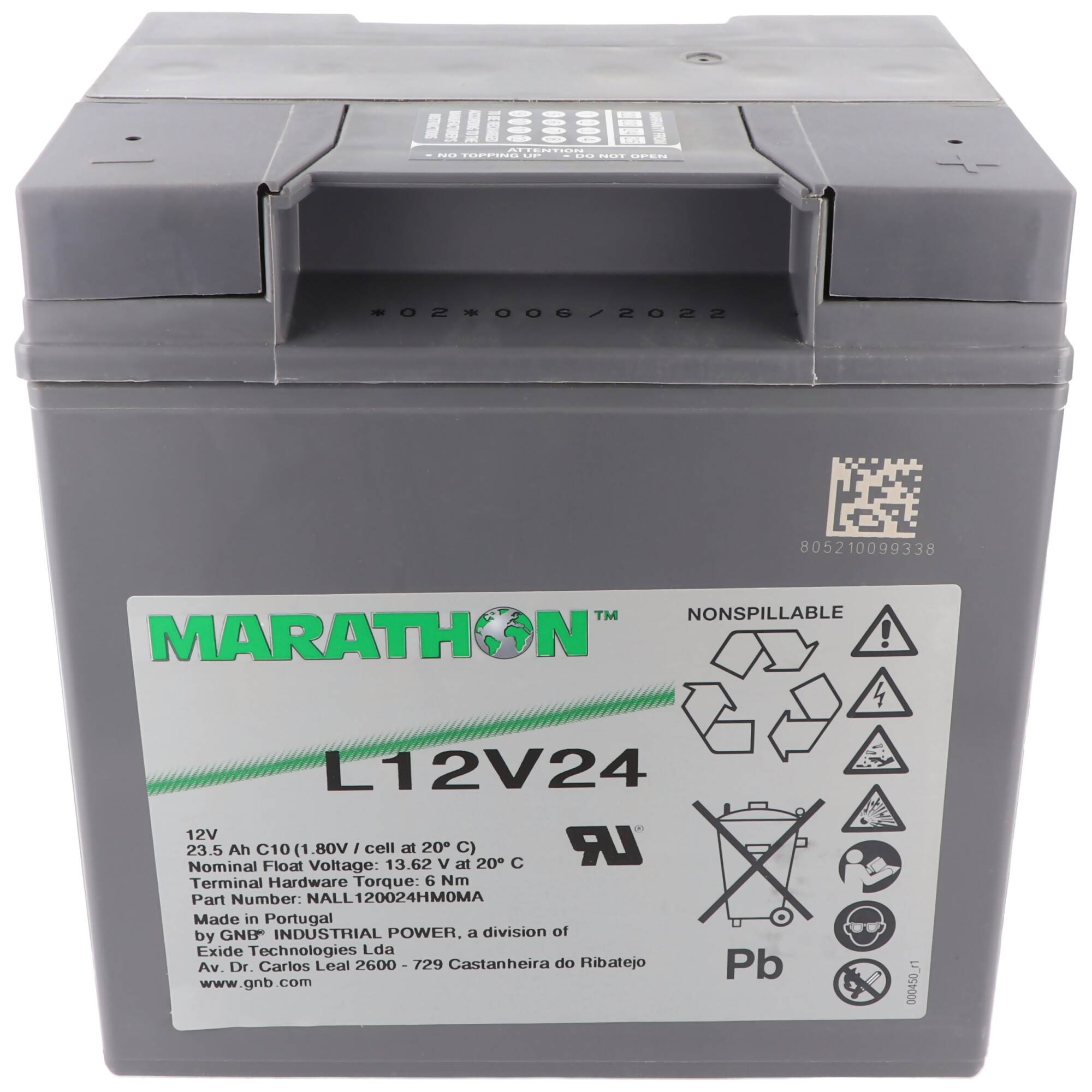 Marathon L12V24 12V Blei-Säure-Batterie mit Beschriftungen und Recycling-/Sicherheitssymbolen auf der Vorderseite.