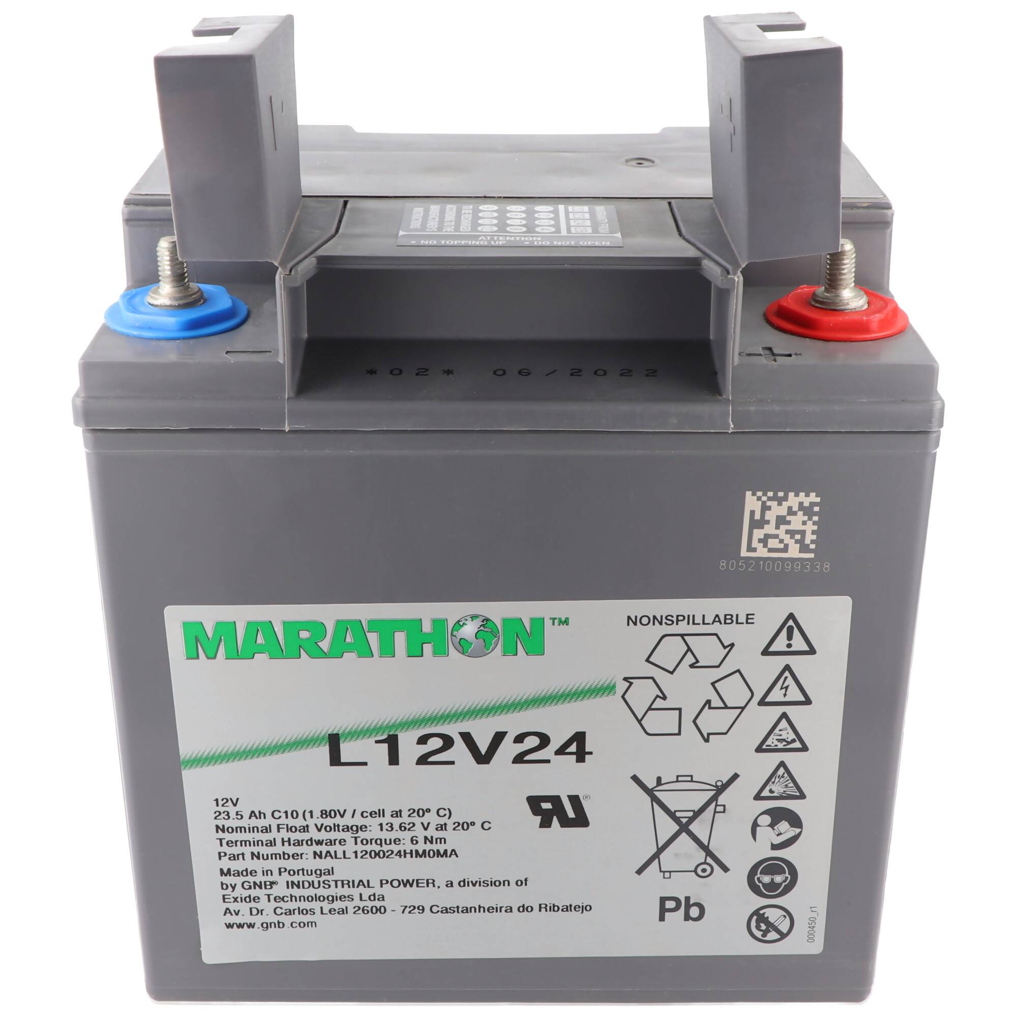Grauer Marathon L12V24 12V-Bleisäurebatterie mit roten und blauen Anschlüssen und Sicherheitskennzeichnungen auf der Vorderseite.
