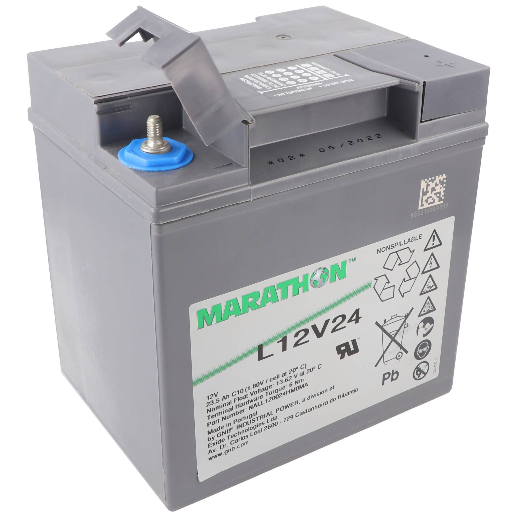 Graue Marathon 12V24 Blei-Säure-Batterie mit Oberflächenpolklemmen und Warnaufklebern auf der Vorderseite.