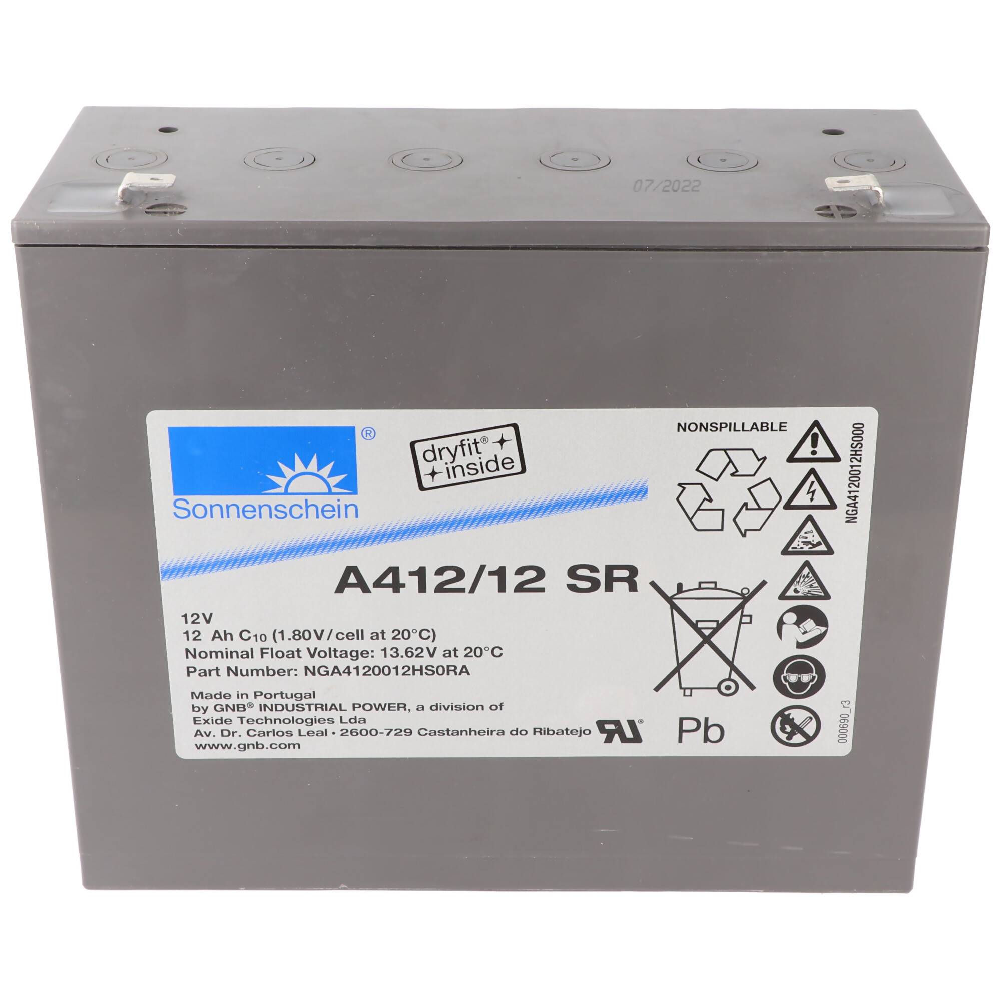 Eine graue Sonnenschein 12V versiegelte Batterie mit der Bezeichnung „A412/12 SR