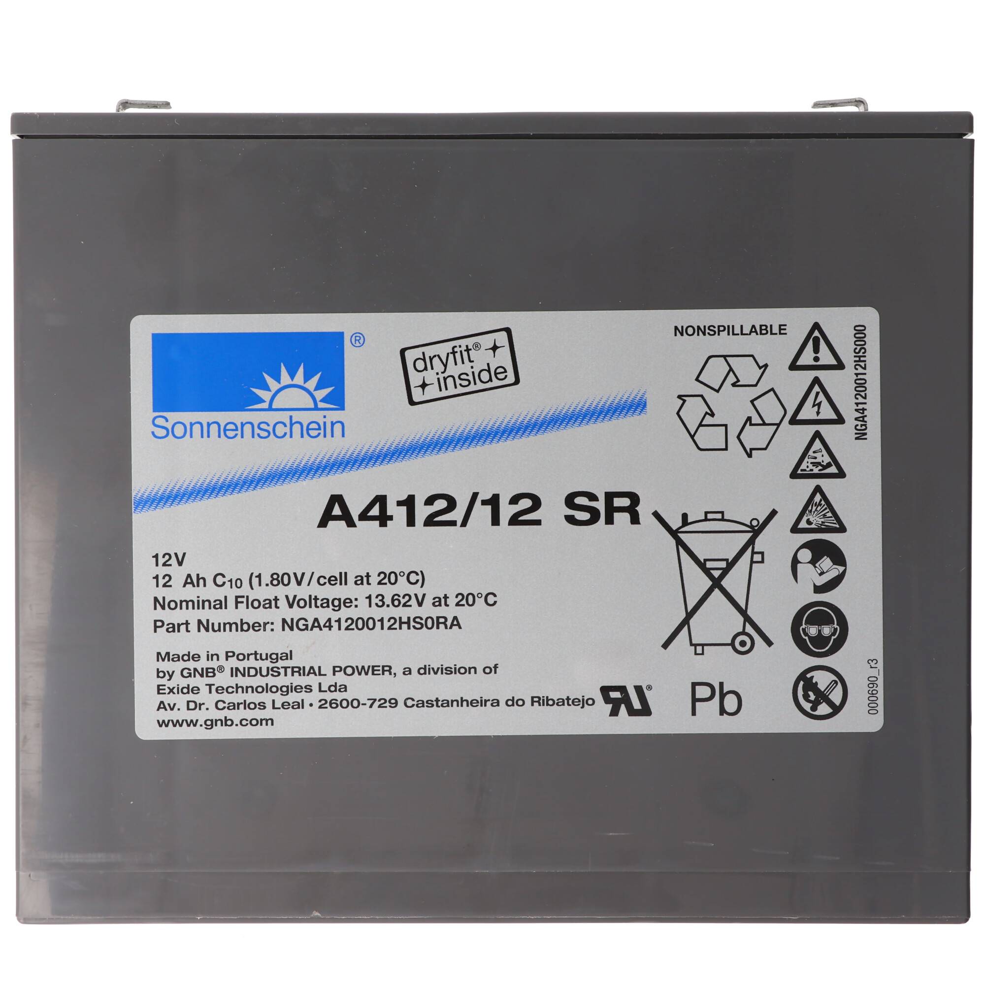 # Etikett einer wiederaufladbaren Sonnenschein 12V 12Ah Batterie, Modell A412/12 SR, mit Sicherheits- und Recyclingkennzeichnungen.