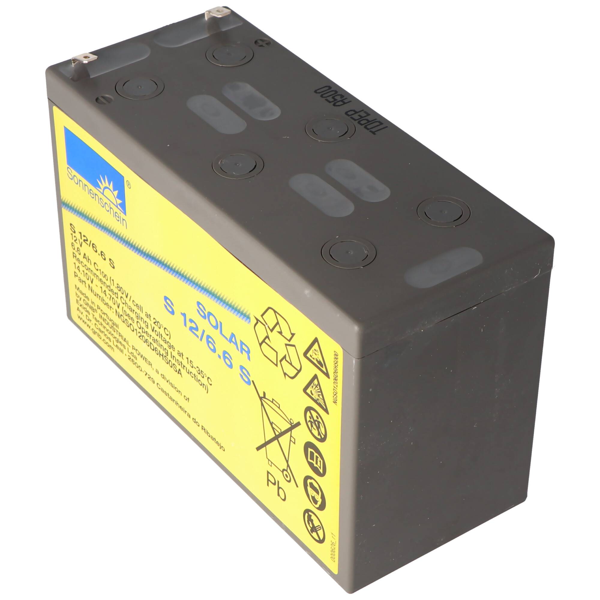 Schwarze Solarbatterie mit gelbem Seitenetikett und Anschlussklemmen oben, isoliert auf weißem Hintergrund dargestellt.