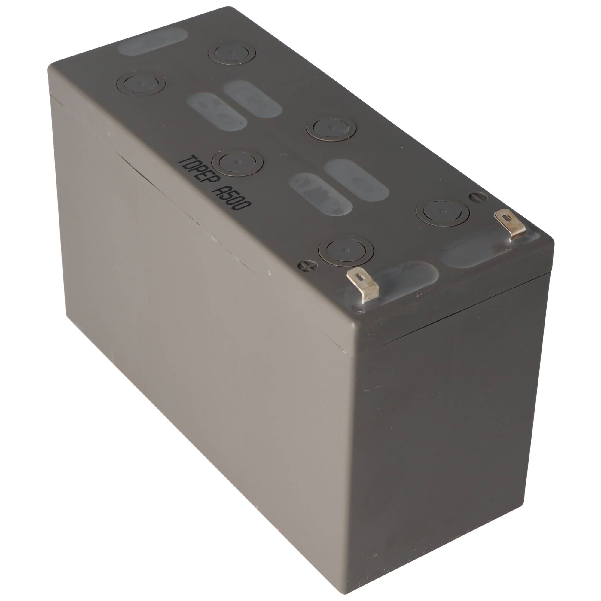 Rechteckige schwarze Batterie mit oberen Anschlüssen und der Aufschrift „TROJAN T-105 6V