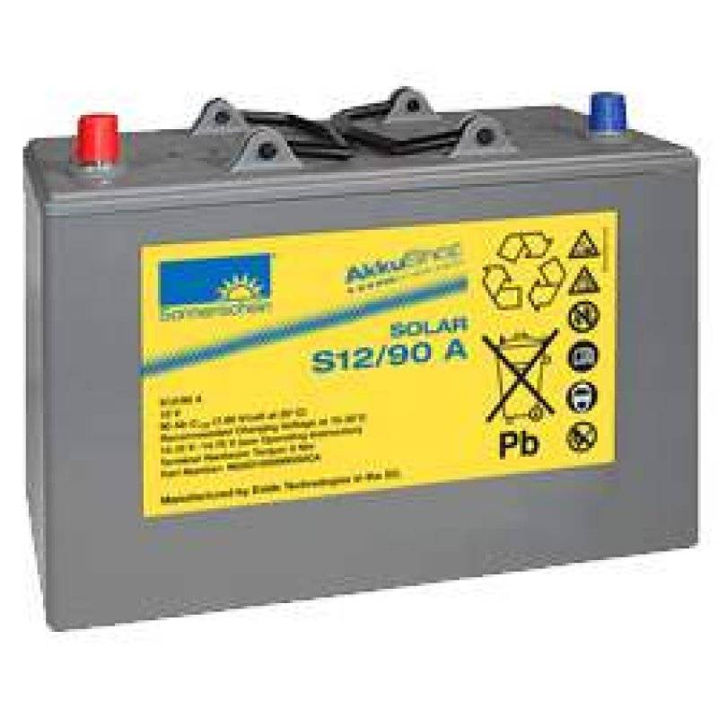 Graue Solarbatterie mit roten und blauen Anschlüssen, beschriftet mit „SOLAR S12/90 A