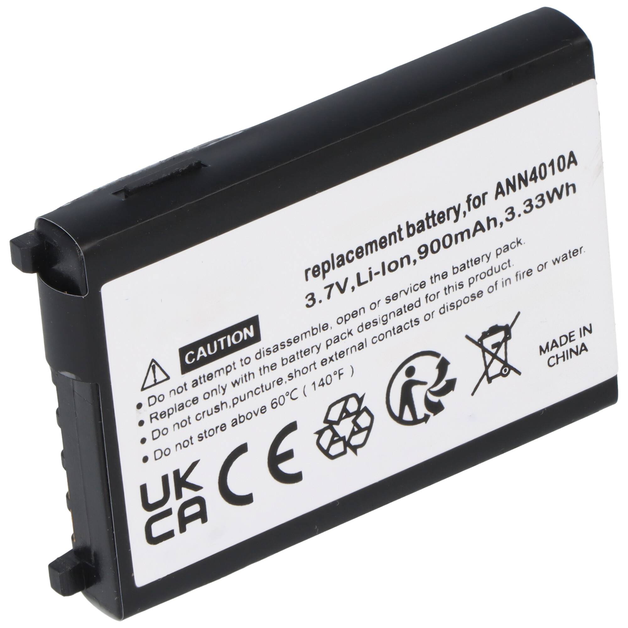 Schwarzer Ersatz-Lithium-Ionen-Akku mit Bezeichnung für ANN4010A, 3,7V 900mAh 3,33Wh, mit Warnzeichen und Recycling-Symbolen.