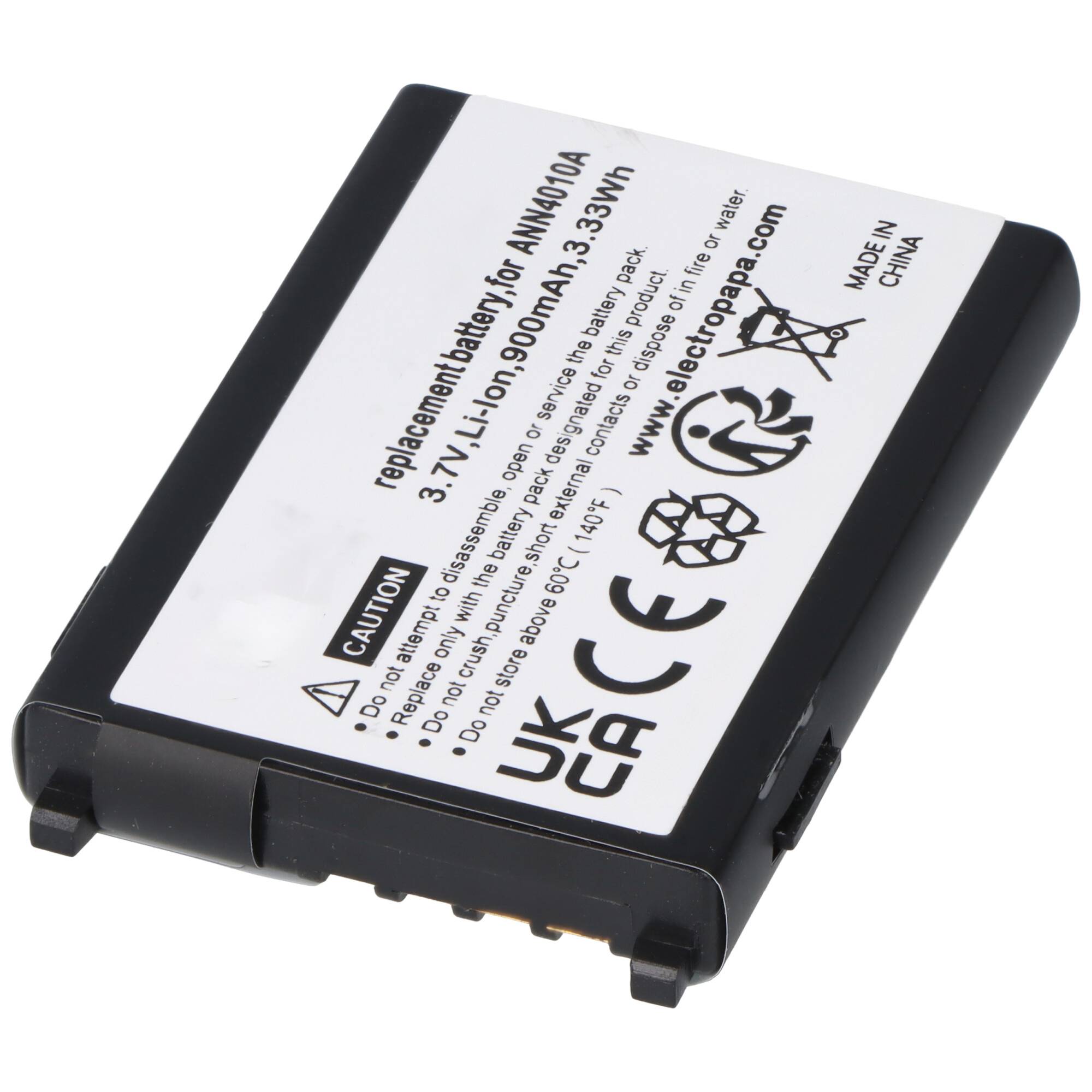 Schwarze wiederaufladbare Kamerabatterie mit der Bezeichnung „Ersatzbatterie für AN-N010A