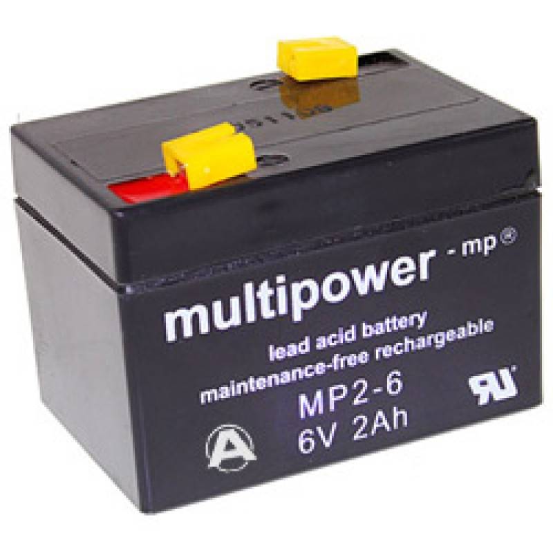 Schwarze 6V 2Ah wiederaufladbare Blei-Säure-Batterie mit gelben Anschlüssen, gekennzeichnet mit 