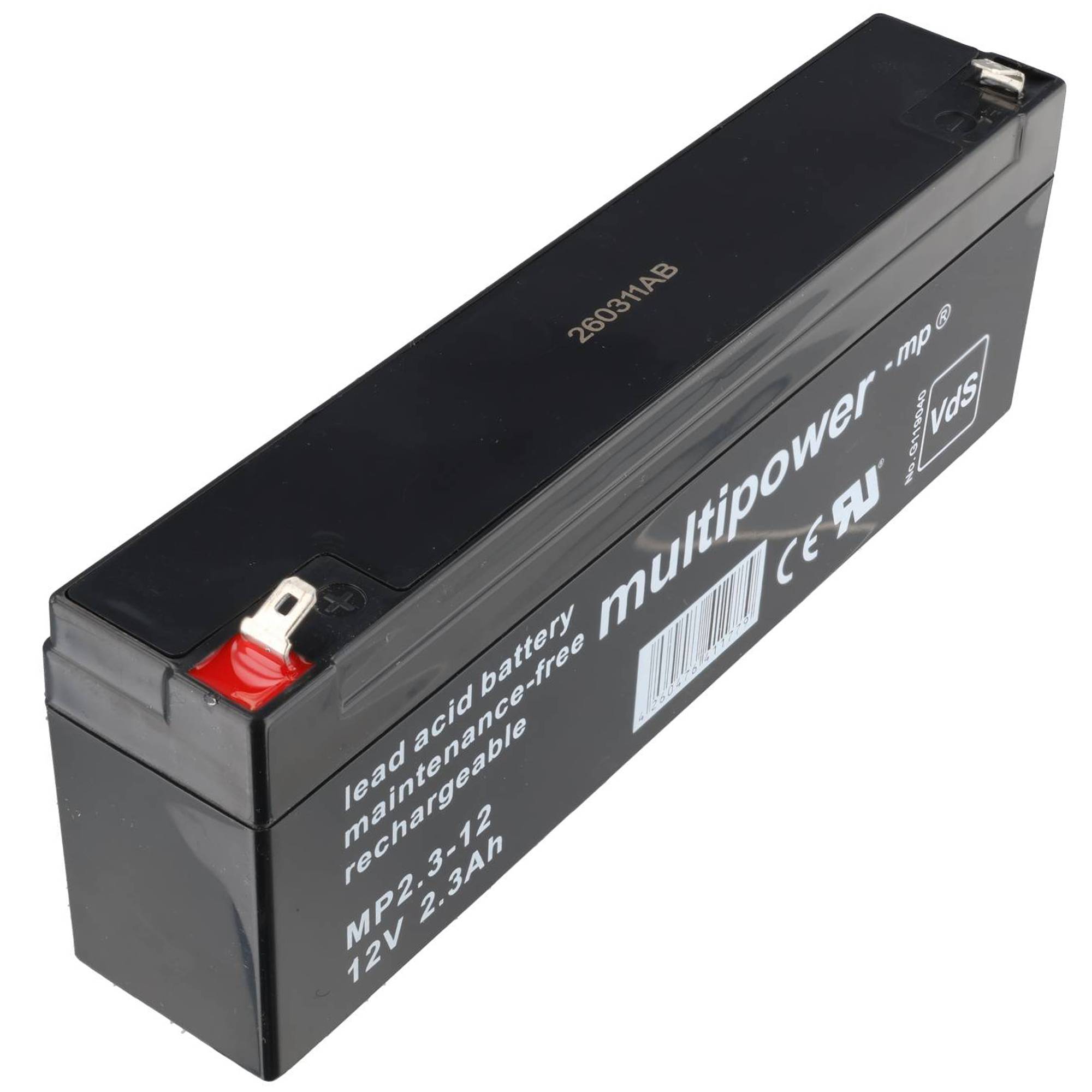 Schwarze rechteckige wiederaufladbare Blei-Säure-Batterie mit Metallklemmen, beschriftet mit „multipower