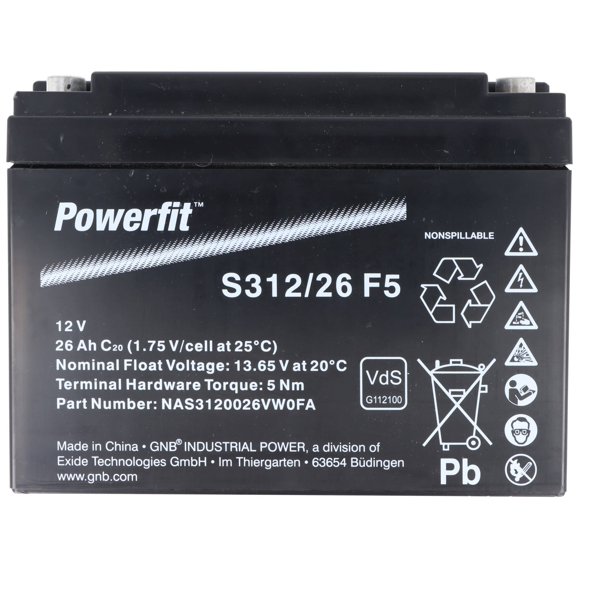 Exide Powerfit S312/26 F5 Blei Akku, 12V, 26000mAh, 312Wh