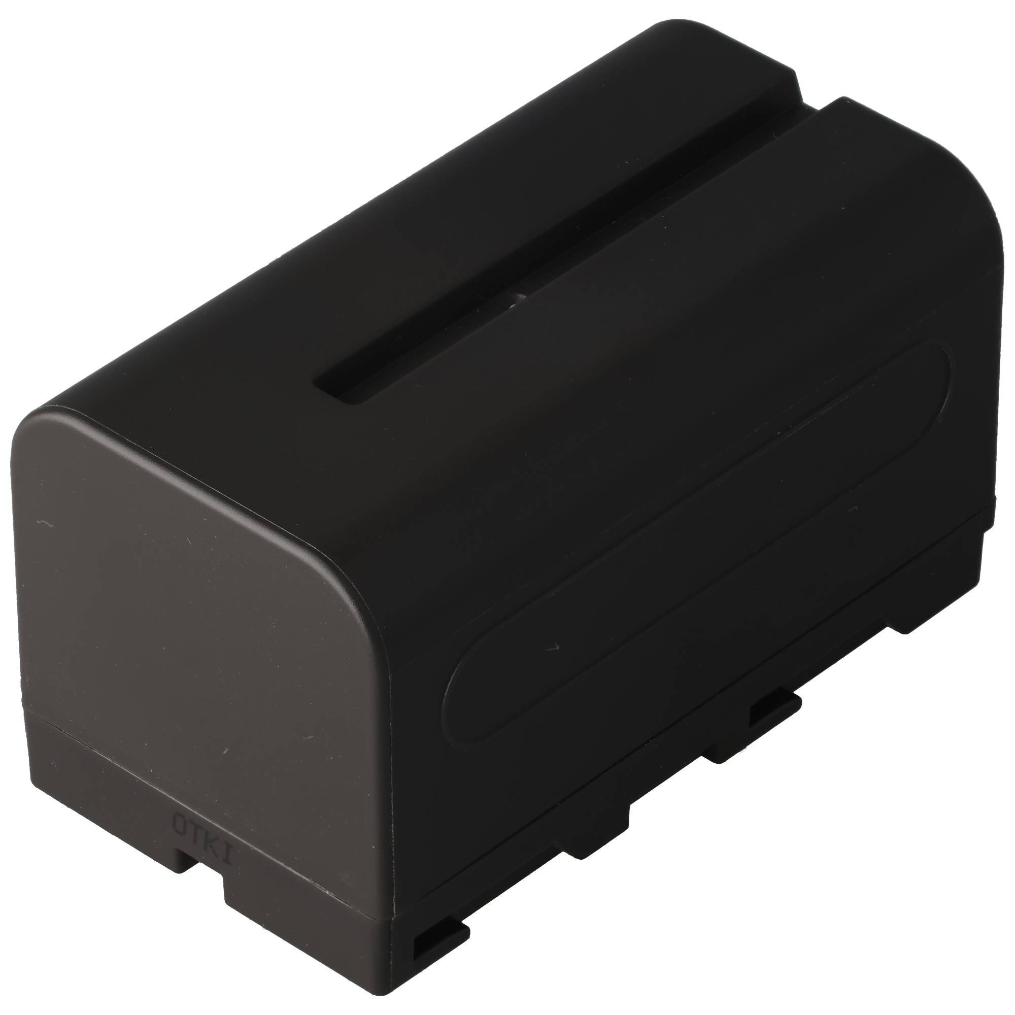 Schwarzes wiederaufladbares Batteriepaket mit rechteckigem Gehäuse und Anschlussschlitz, isoliert auf weißem Hintergrund dargestellt.