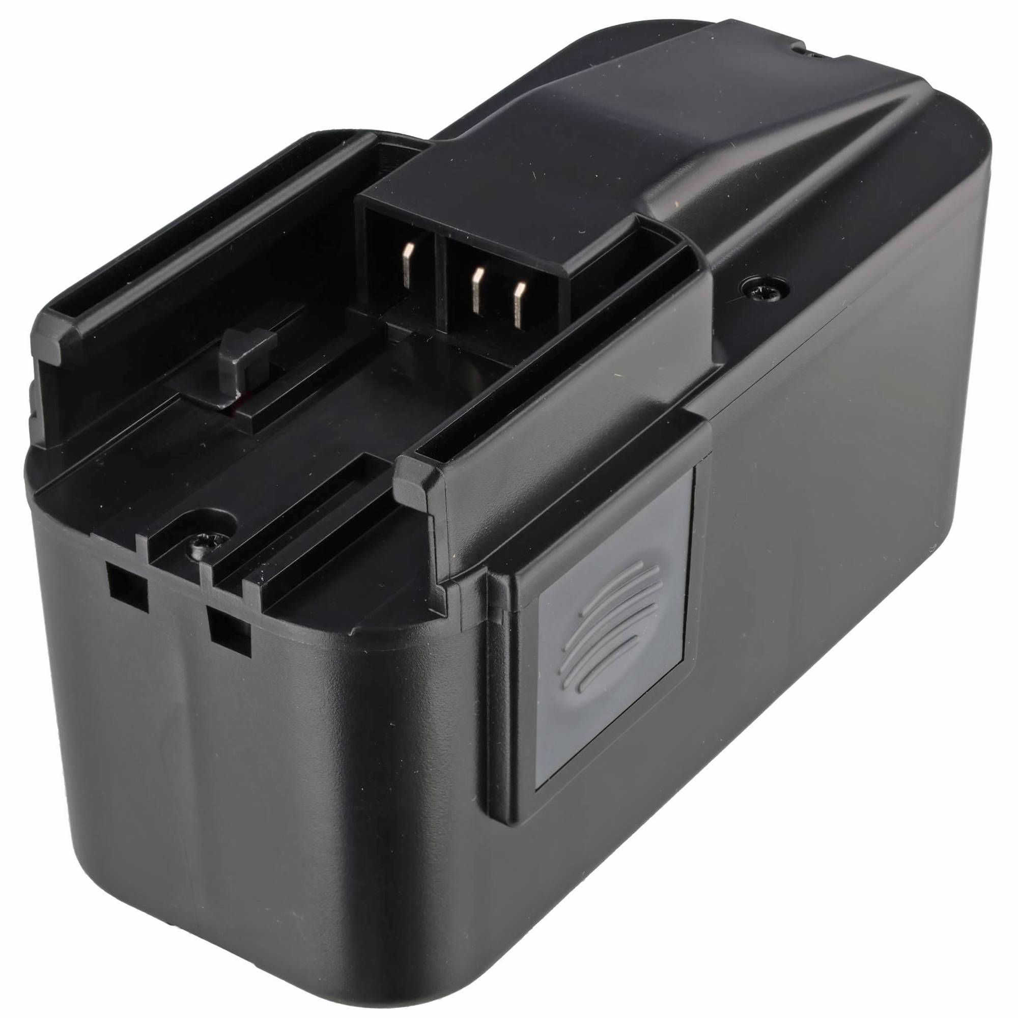 Schwarzes wiederaufladbares Batteriepack mit freiliegenden Metallkontakten und Schienenschienen, gezeigt auf weißem Hintergrund.