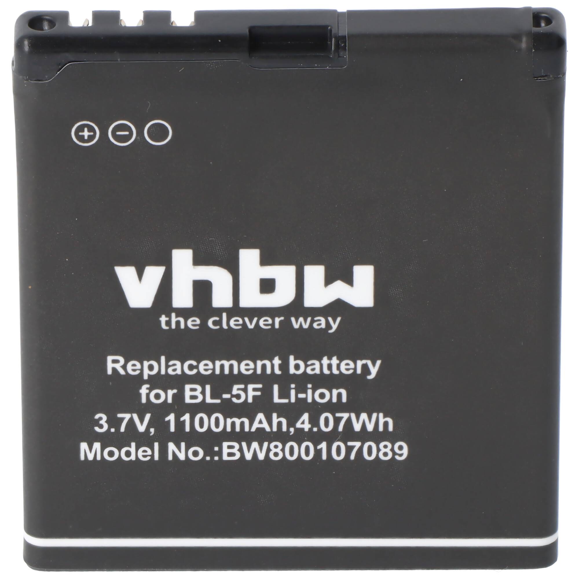 Schwarze vhbw Ersatzbatterie für BL-5F Li-Ion, gekennzeichnet mit 3,7V 1100mAh 4,07Wh, Modell BW800107089.