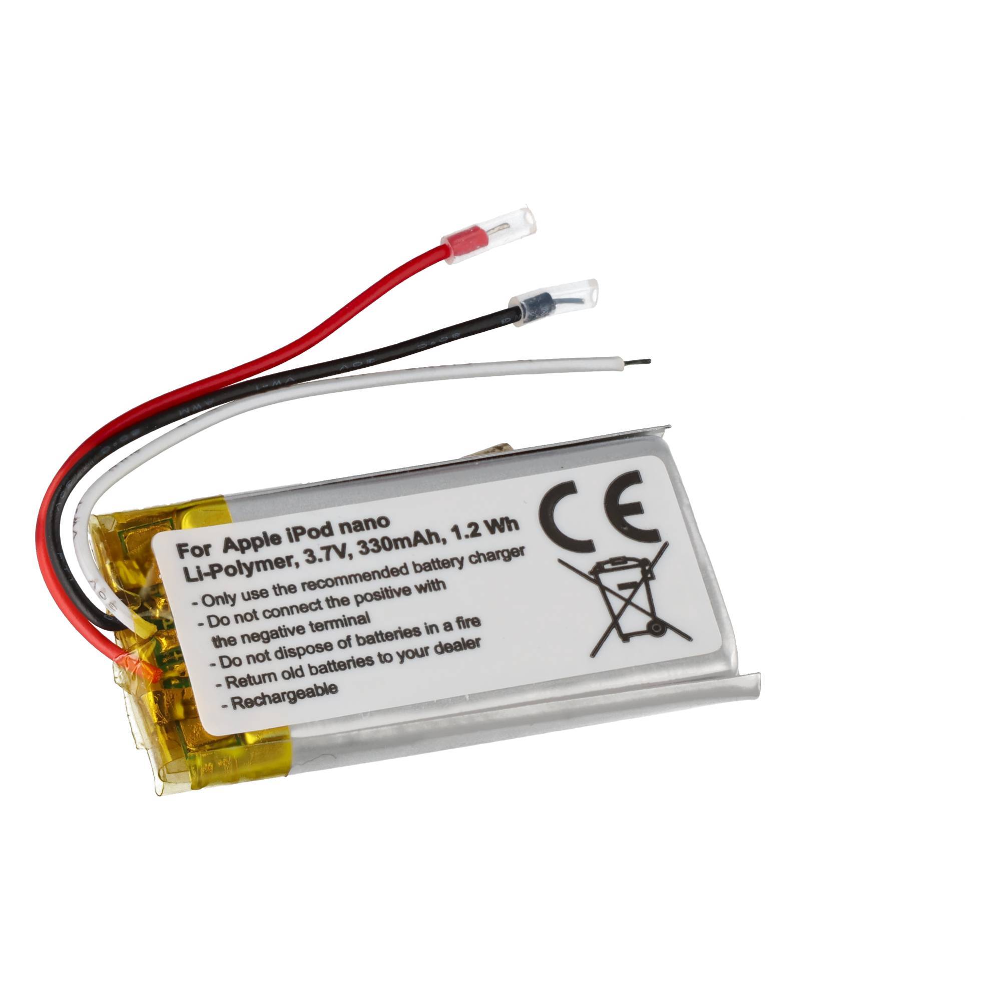 Kleine wiederaufladbare Lithium-Polymer-Batterie für Apple iPod nano mit roten, schwarzen und weißen Drähten und Warnhinweis.