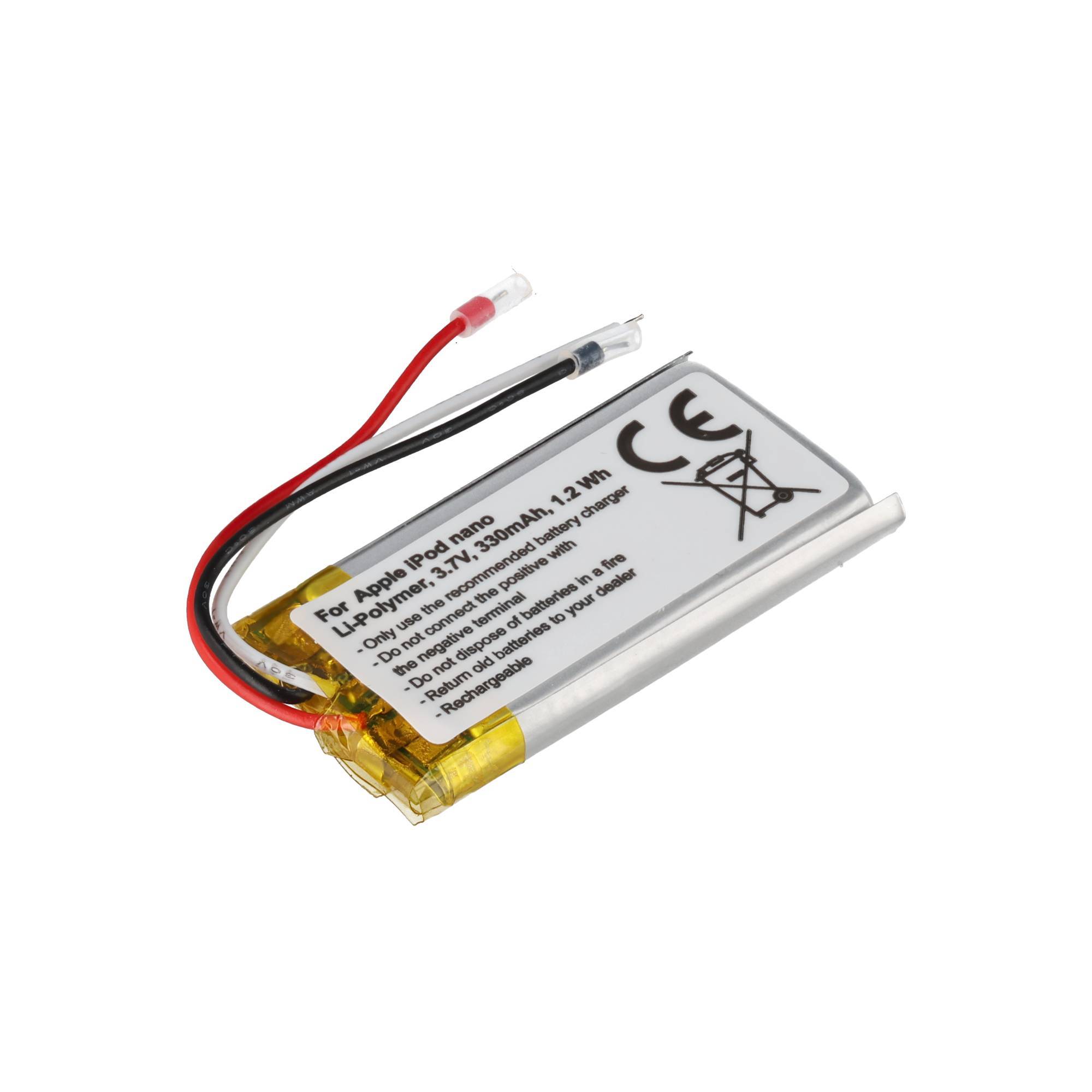 Lithium-Ionen-Akku für Apple iPod nano mit roten und schwarzen Drähten und Steckverbinderleitern, gezeigt auf weißem Hintergrund.