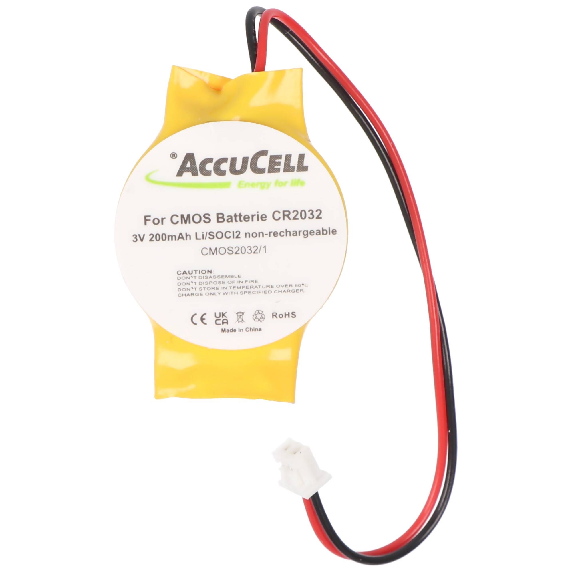 CMOS Batterie CR2032 mit Stecker, Backup Lithium Batterie, Stecker 3x2,6mm, Molex-51021-2P-100 Stecker, Kabellänge 90mm