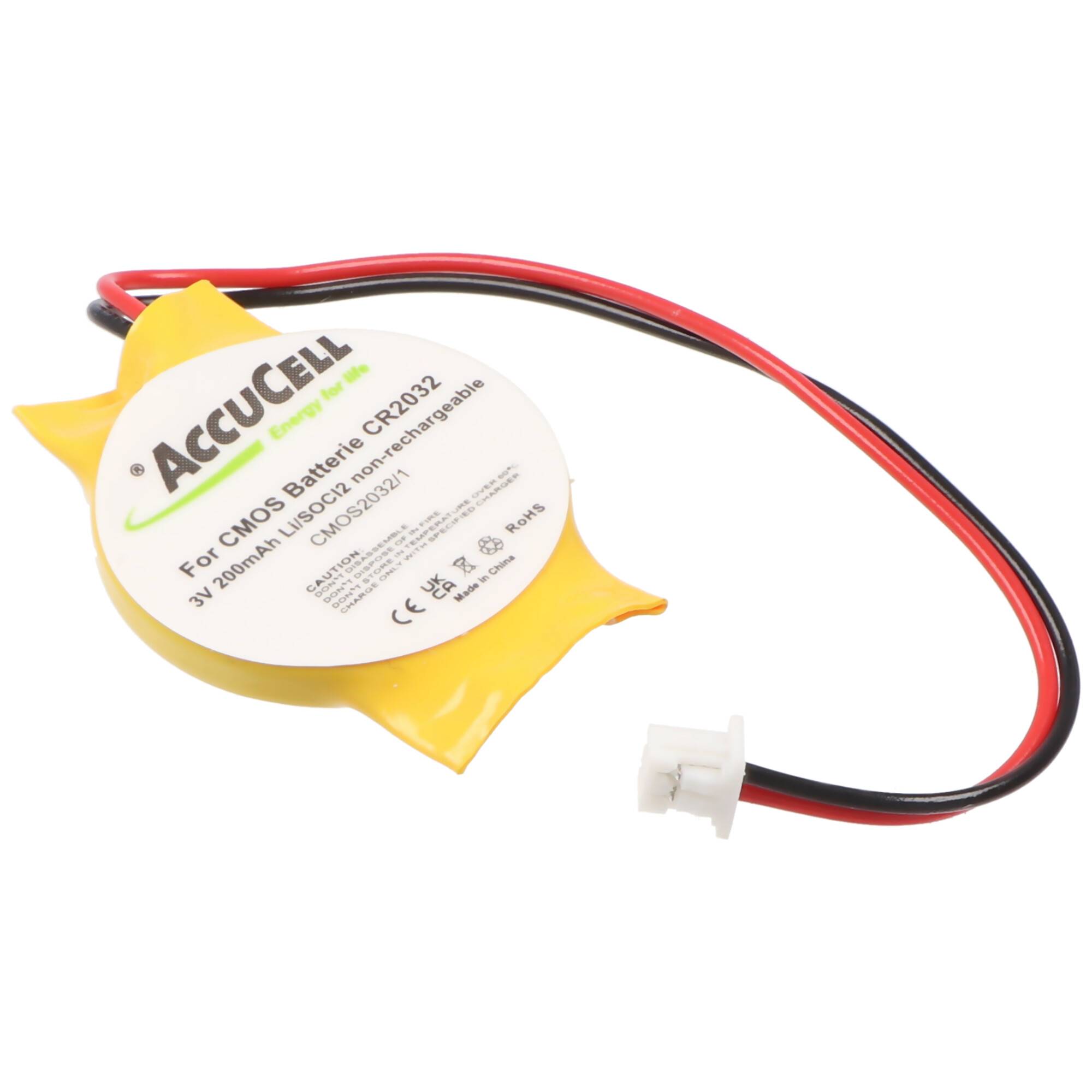 CMOS Batterie CR2032 mit Stecker, Backup Lithium Batterie, Stecker 3x2,6mm, Molex-51021-2P-100 Stecker, Kabellänge 90mm