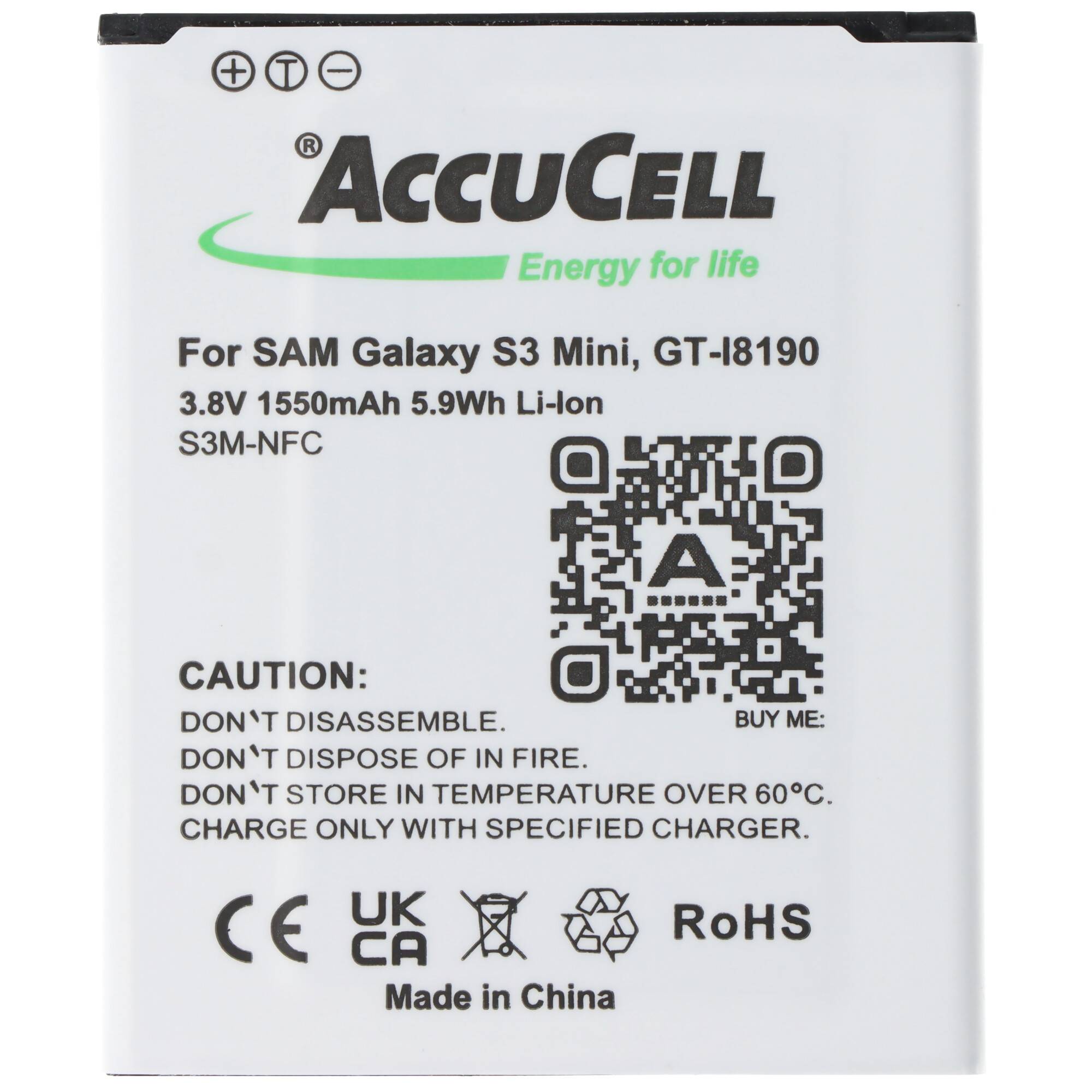 Akku passend für Samsung Handy Galaxy S III Mini, Samsung GT-I8190, EB-L1M7FLU mit NFC, 60,4x50,3x4,2mm