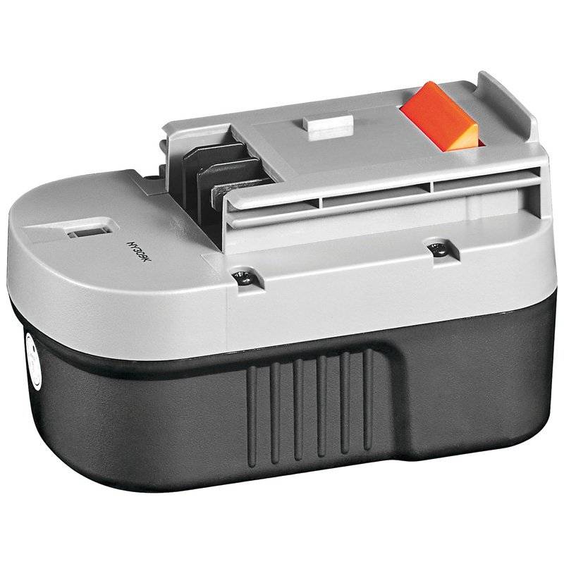 Tragbares Batterieset mit grauem Deckel, schwarzer Basis und orangem Schalter oben, gezeigt auf weißem Hintergrund.