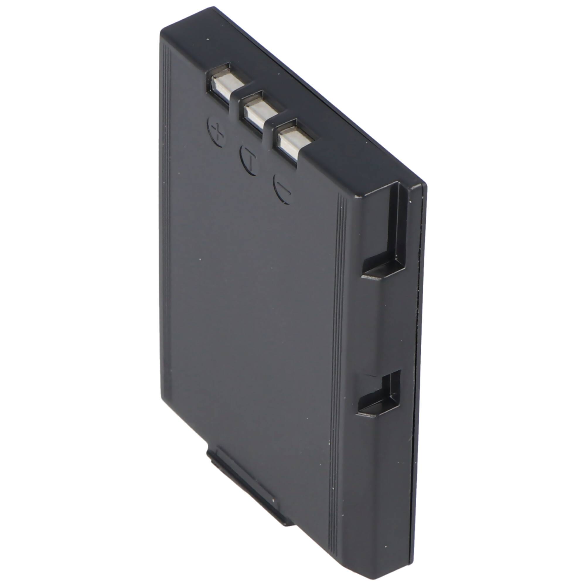 Schwarzer wiederaufladbarer Batteriepack mit drei freiliegenden Metallkontakten und seitlichen Kerben, dargestellt auf weißem Hintergrund.