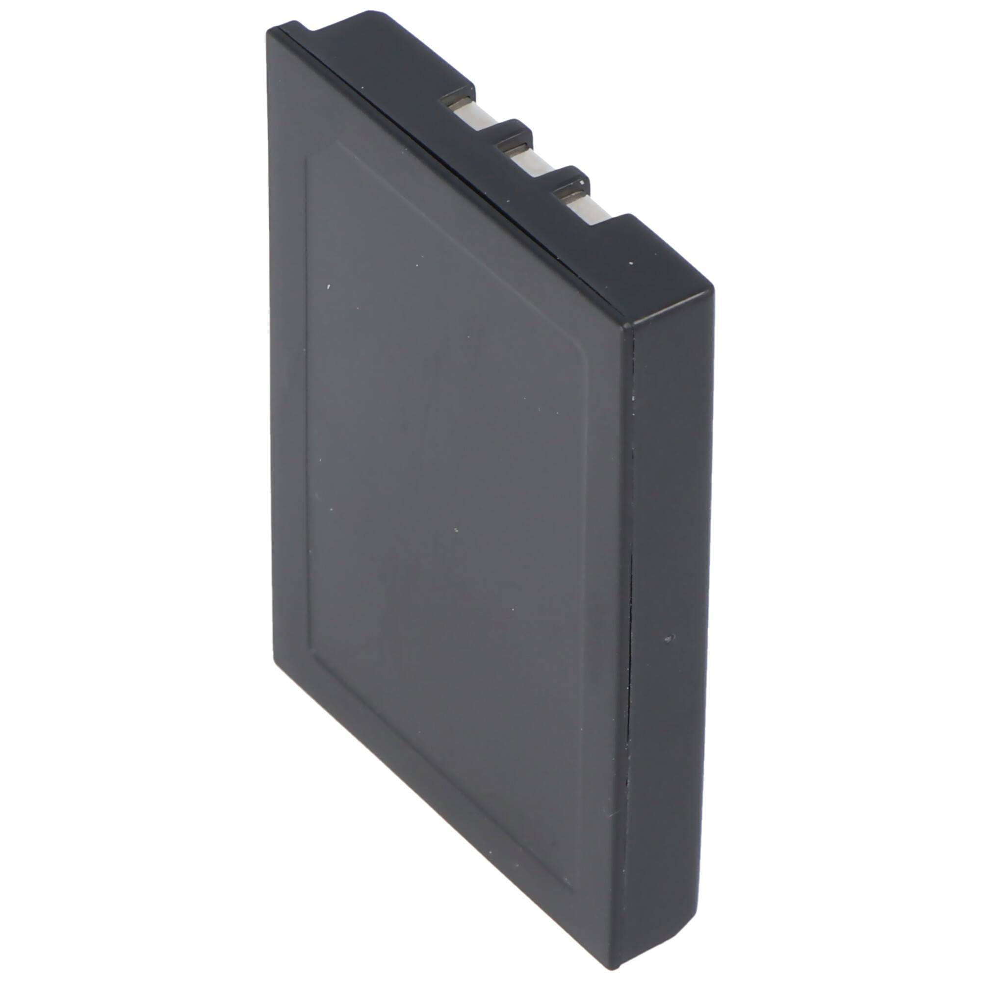 Schwarzes rechteckiges Batteriepack mit drei Metallkontakten oben, auf weißem Hintergrund gezeigt.