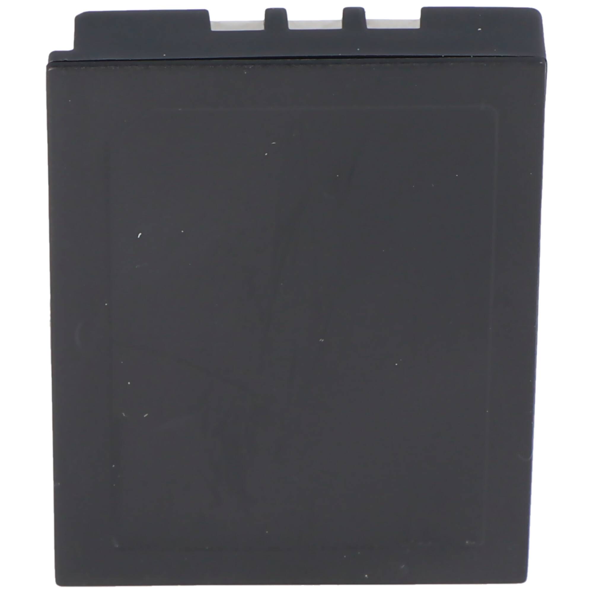 Schwarzes rechteckiges Batteriepak oder elektronisches Modul mit einer Anschlussflippe oben, dargestellt auf einem einfachen weißen Hintergrund.